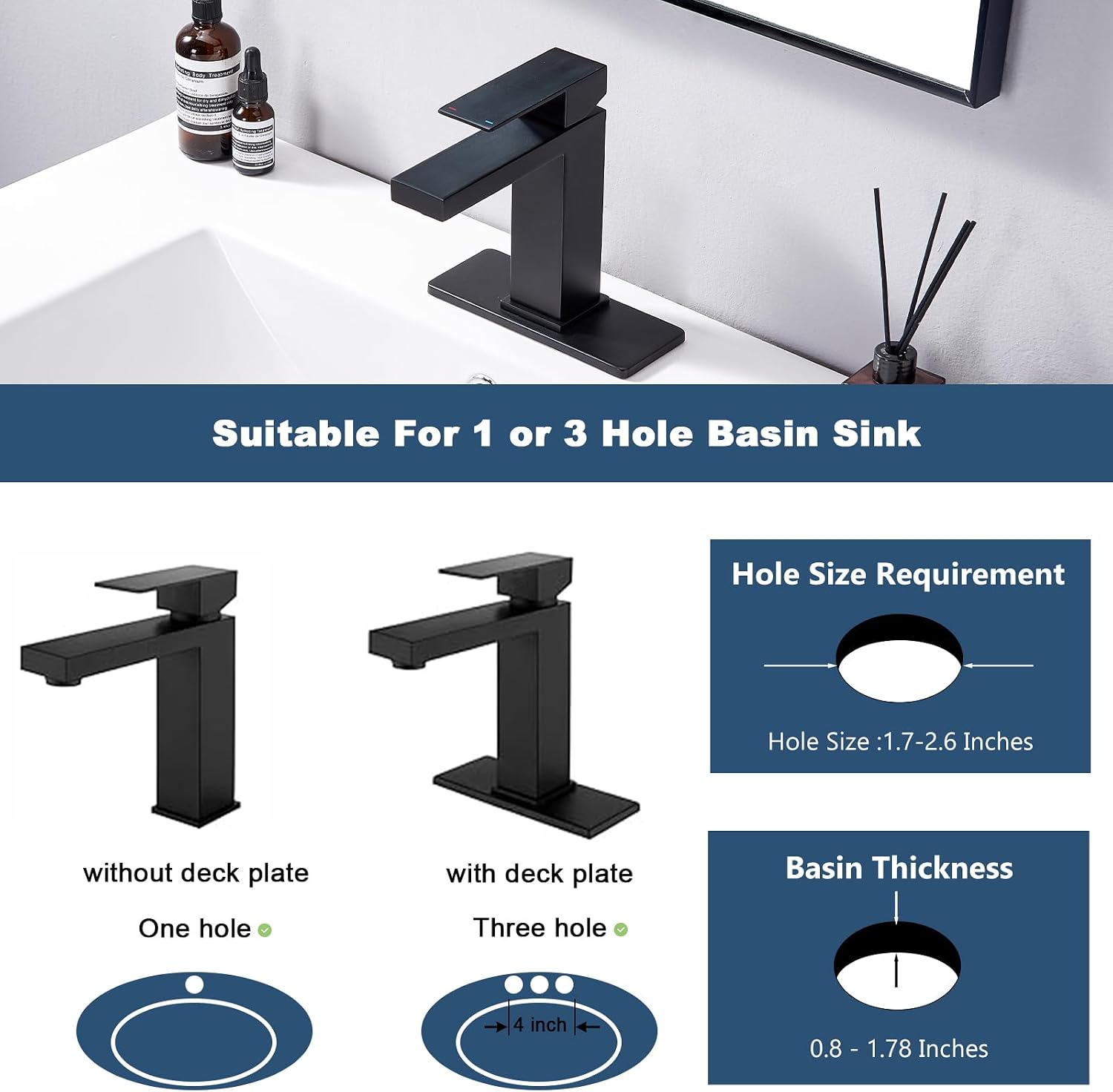 Matte Black One Handle Bathroom Faucet, 1 Hole Vanity Lavatory Mixer Tap Stainless Steel 1 or 3 Holes Bathroom Faucet with Pop Up Drain
