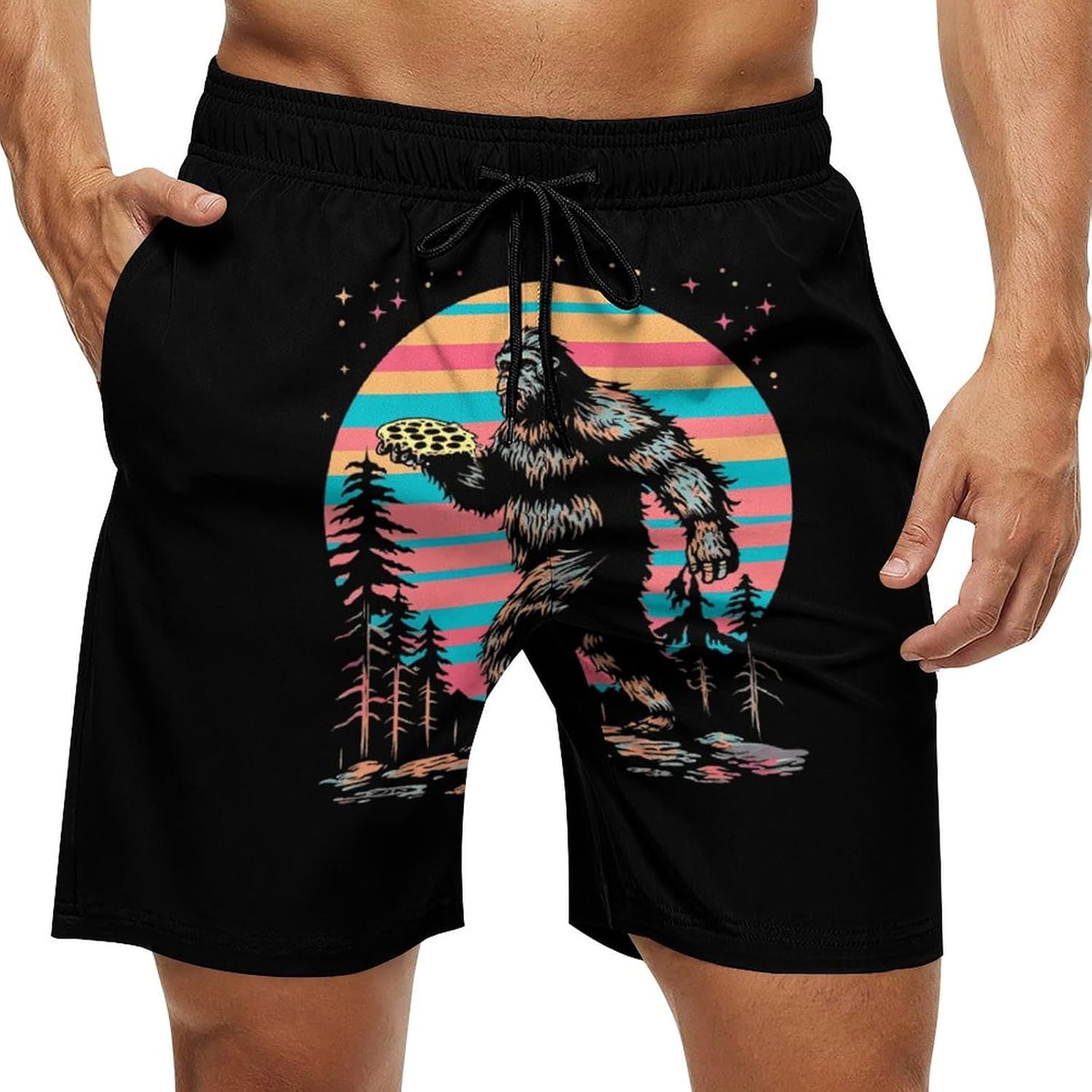 Bigfoot LGBT-Q Sasquatch Pizza Casual Men's Swim Trunks Novelty Summer Beach Shorts Swimwear with Pocket
