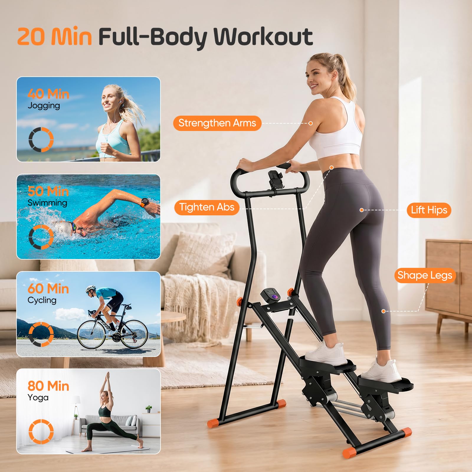 Stepper Home Fitness - Crosstrainer in metallo con LCD, 3 livelli di resistenza | Supporto per telefono, regolabile in altezza, portatile, per fitness, fino a 150 kg, nero