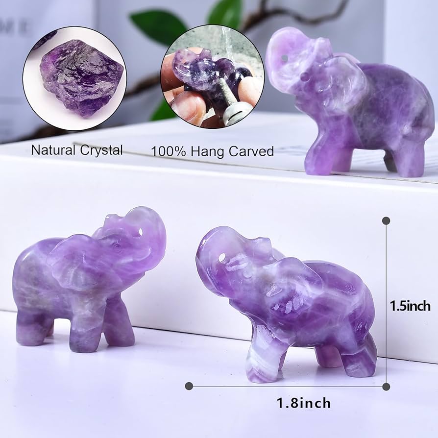 Amethyst Elephant Crystals Luck Decor Guardian Figurine - 1.5 Inch Purple Amethyst Statue For Office, Desk, And Meditation