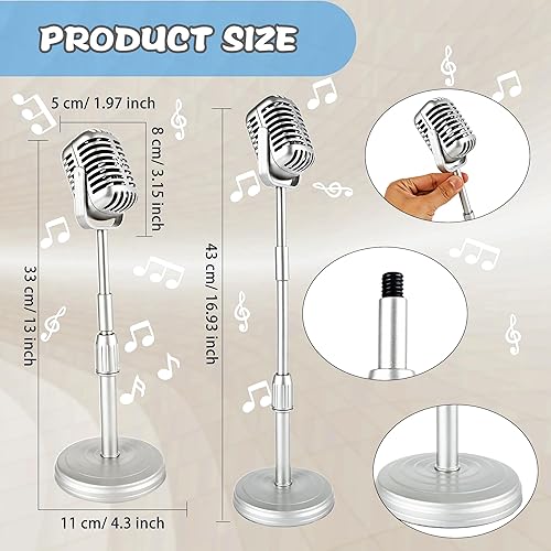 Miniatura 2 de 2 piezas de micrófono vintage elevable, modelo retro de utilería de micrófono, falso con soporte, juguete clásico de micrófono antiguo de plástico