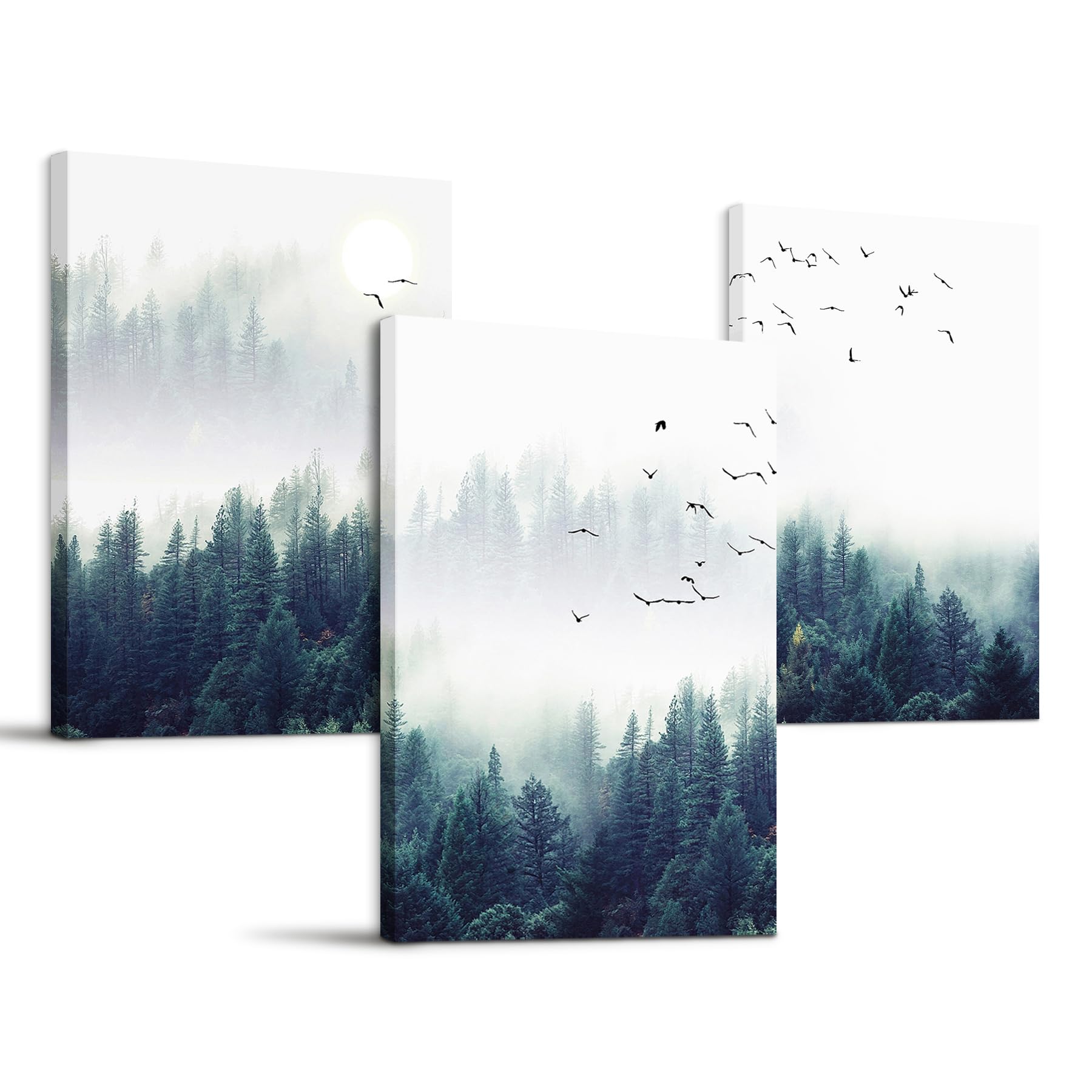 Acocifi Stampa Su Tela Paesaggio Nebbioso Con Montagne E Uccelli - Quadro Incorniciato 30x40 Cm, Per Soggiorno, Camera, Ufficio, Decorazione Murale