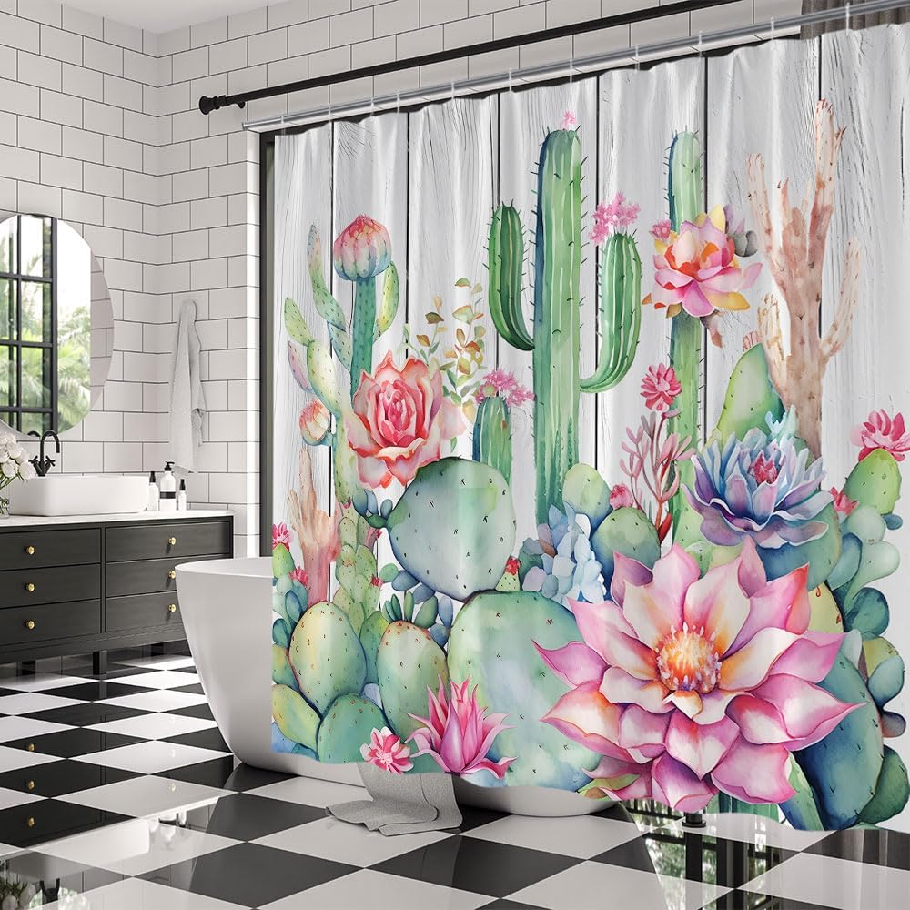 Rustic Cactus Shower Curtain Cacti Desert Succulent Tropical Flower Green Plant Wooden Board Fabric Bathroom Decor Curtains with Hooks,90 x 70