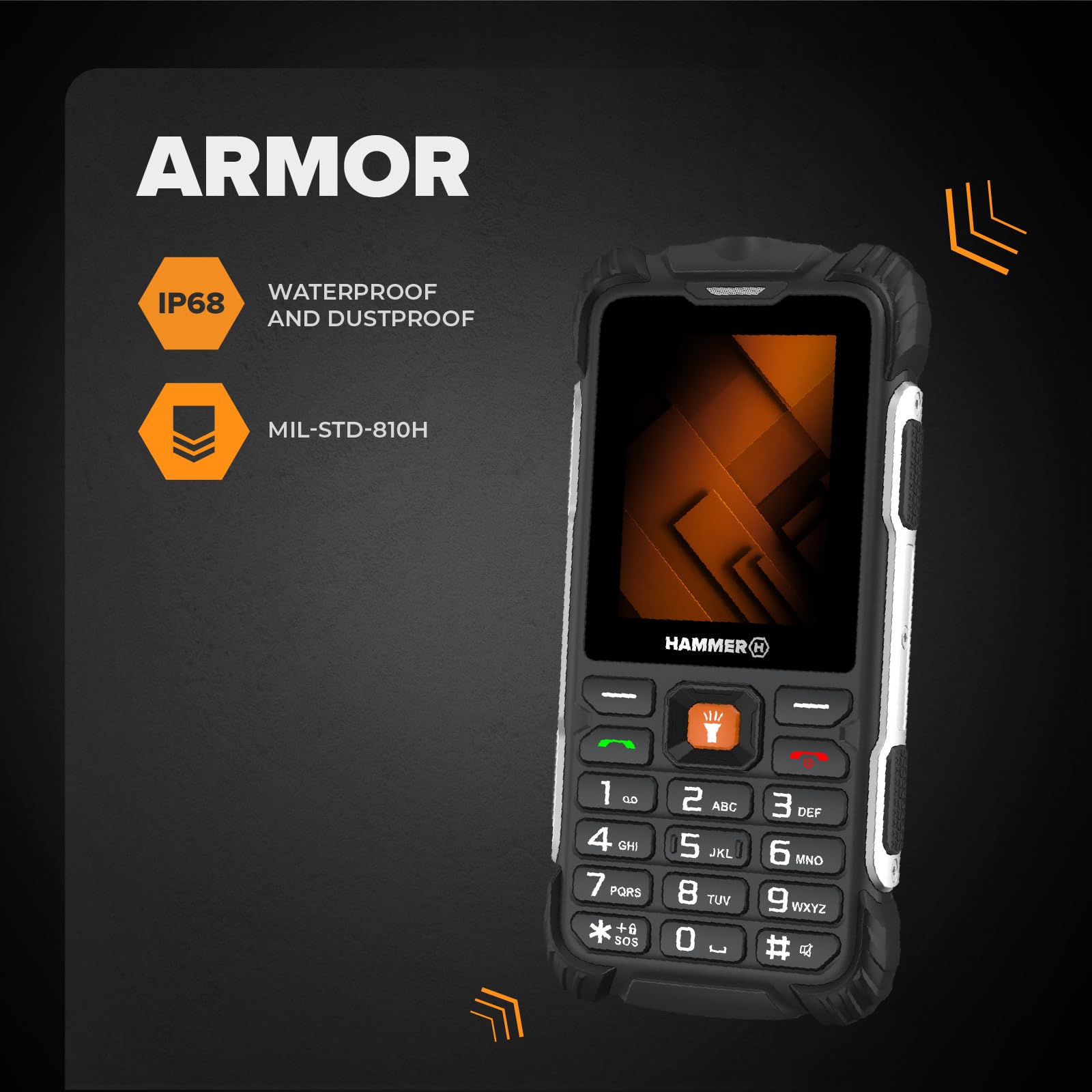 Hammer H Power Plus LTE Outdoor Handy ohne Vertrag, 4000mAh Akku, 128MB Memory, 64MB RAM, 2,8" IPS Display, große Tasten, Taschenlampe, 2 MP Kamera, FM-Radio, USB-C, Dual SIM Nano, Schwarz