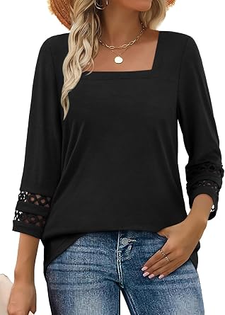 MixShe Tops for Women Square Neck 3/4 Sleeve Lace Trim Casual Lightweight Blouses