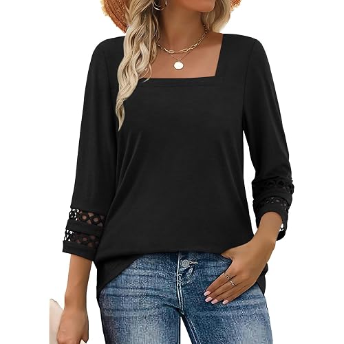 MixShe Tops for Women Square Neck 3/4 Sleeve Lace Trim Casual Lightweight Blouses