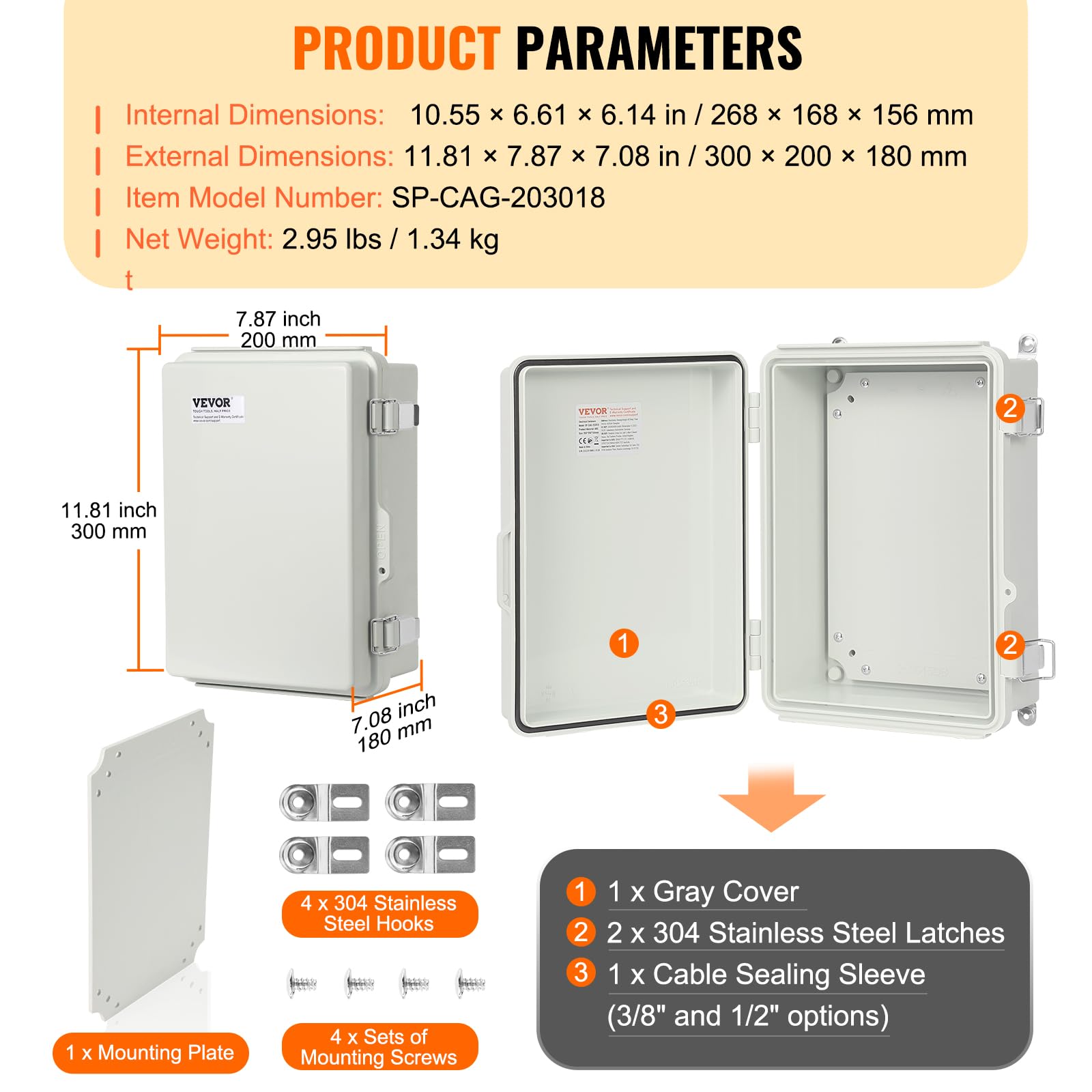 VEVOR Caja de Conexiones Eléctricas Cubierta con Bisagras para Caja Eléctrica de Plástico ABS de 300x200x180mm Pestillo de Acero Inoxidable Impermeable IP67 a Prueba de Polvo para Proyectos Eléctricos