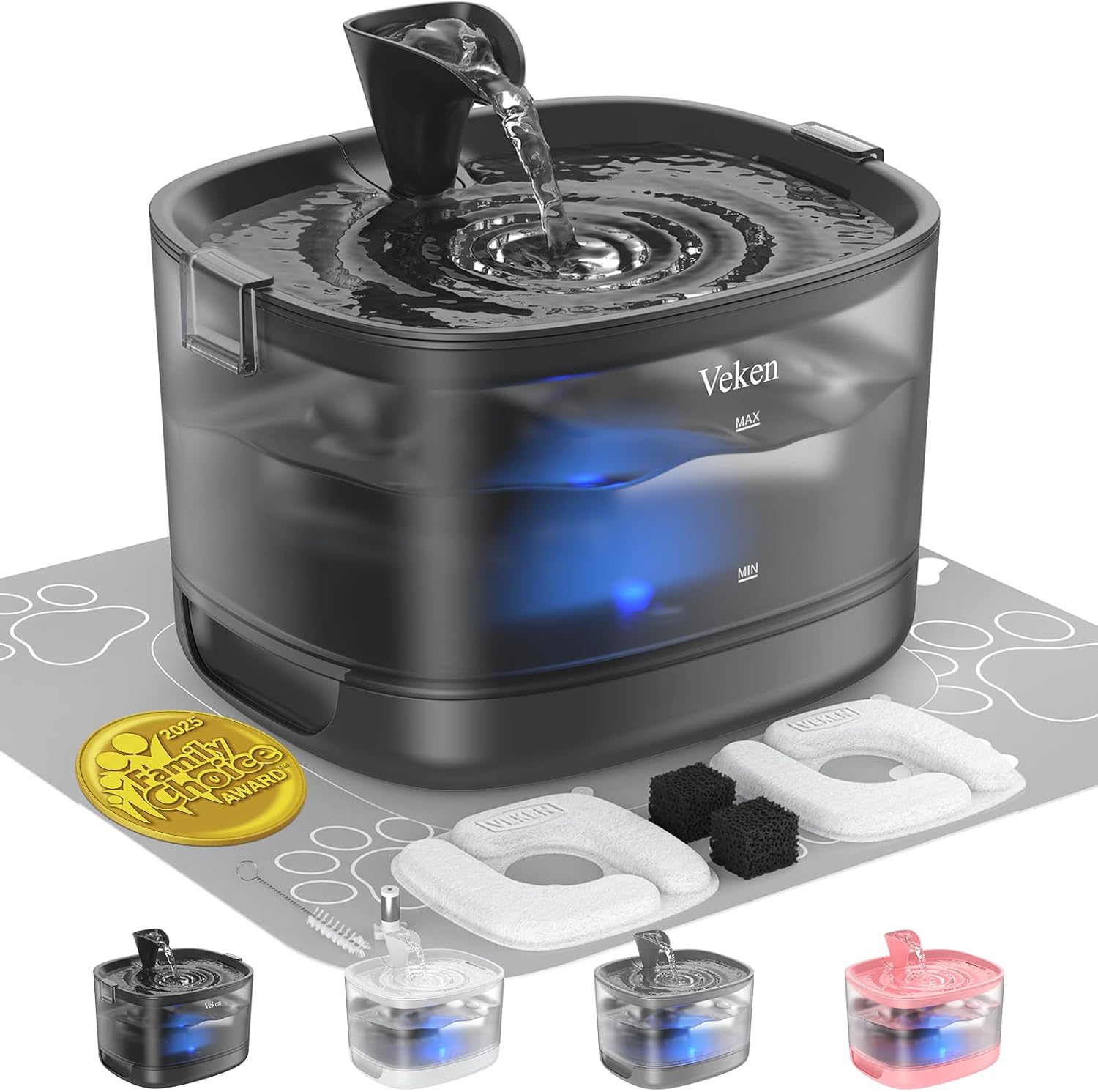 Fuente de Agua para Gatos Veken 2.5L con Tanque Desmontable, Filtración 5 Etapas