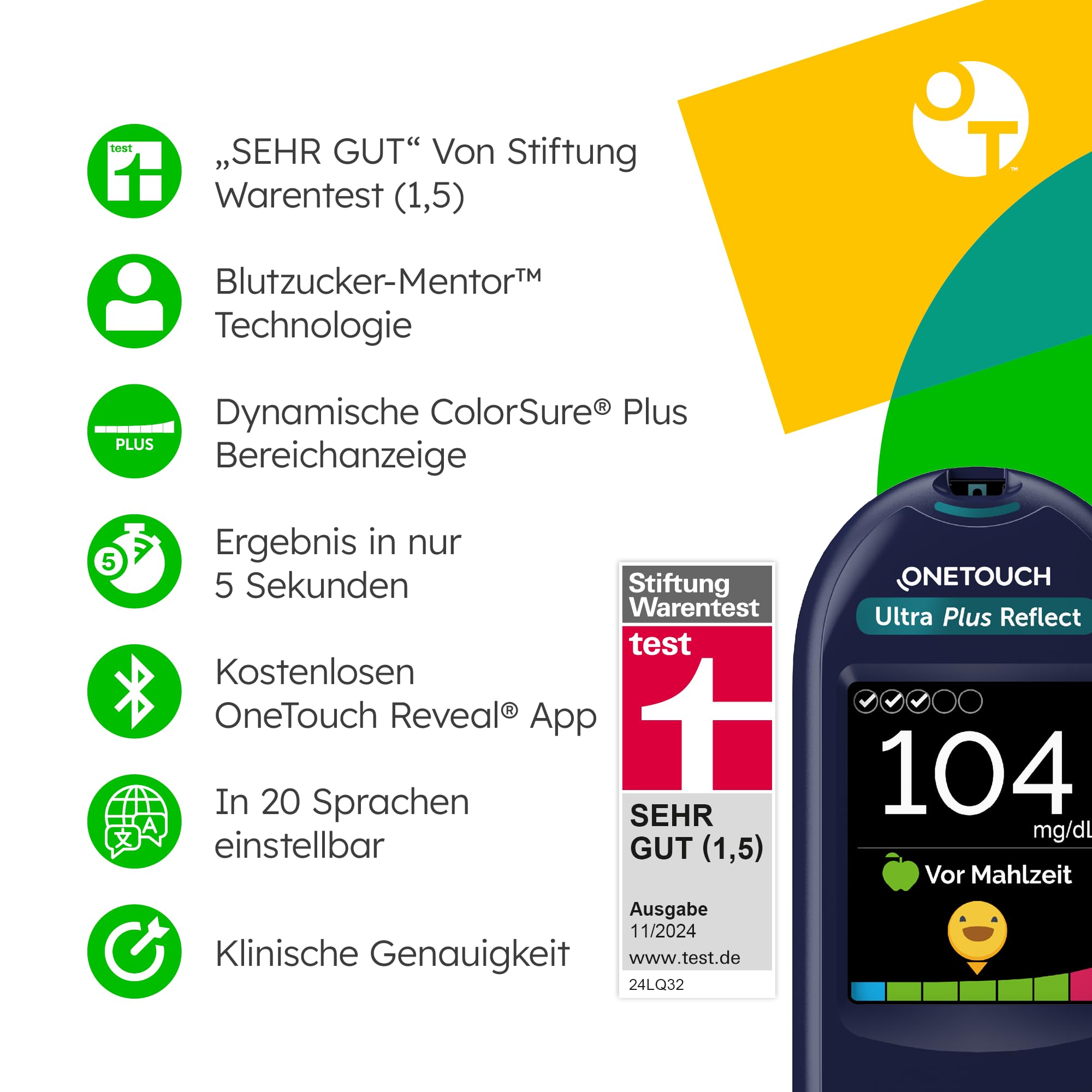 OneTouch Ultra Plus Reflect® Blutzuckermessgerät Set – Starterset Diabetes mg/dL – Inkl. 40 Teststreifen & 40 Lanzetten – Präzise Messung, einfache Anwendung – Stiftung Warentest SEHR GUT (1,5)