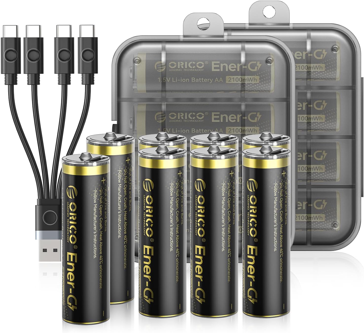ORICO Ener-G Lithium-ion Battery Rechargeable AA Batteries with Tpye C Charging Cable 8-Pack Double A Batteries 1.5V 2100mWh Capacity 1500+ Cycle Times for Xbox Controllers/Electronic Toys