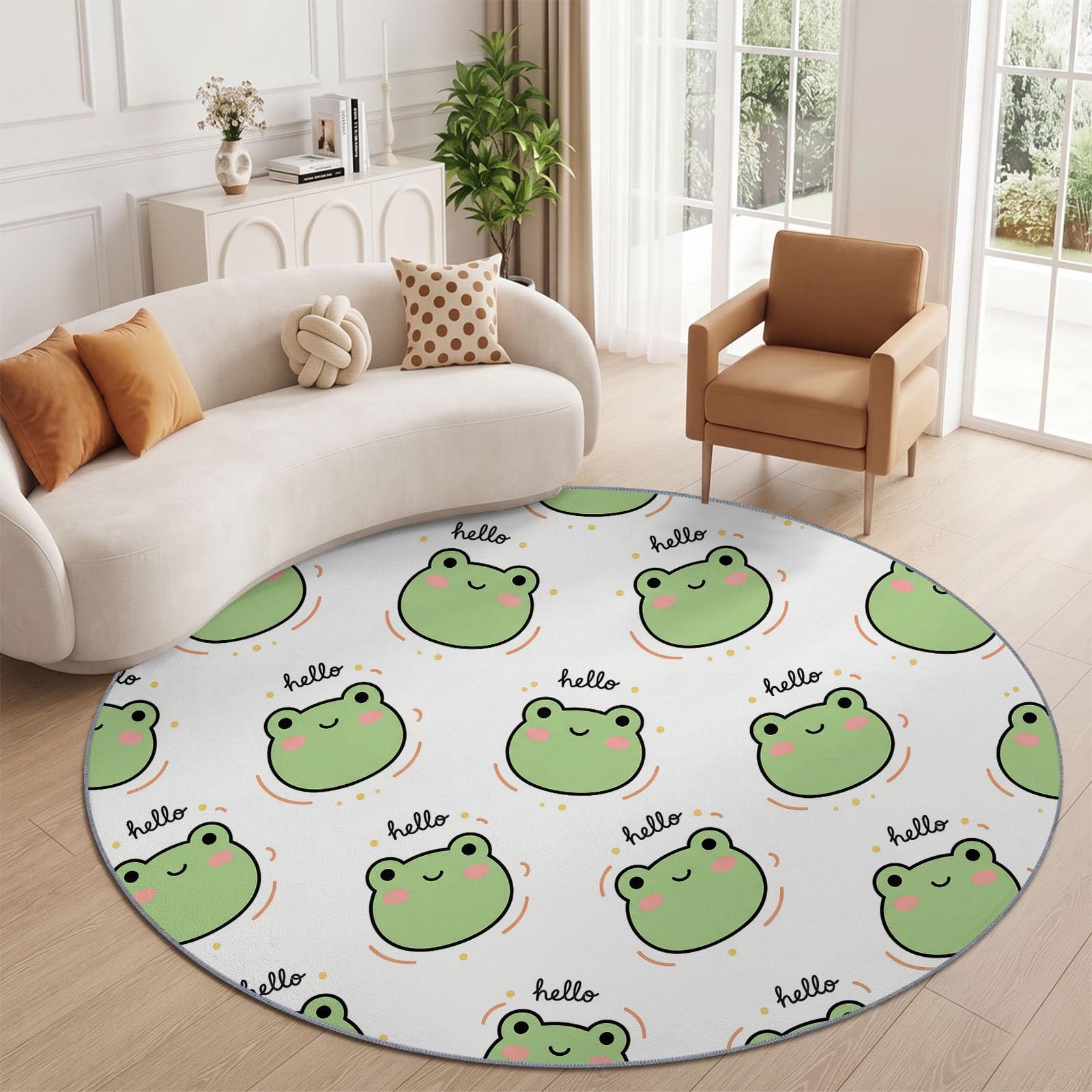 Okrągły dywan, zielony, biały, 200 cm, nadaje się do prania, z krótkim włosiem, okrągły, antypoślizgowy i miękki, kreskówka, żaba, litery, serca, kropki, dywan do salonu, sypialni, kuchni, pokoju