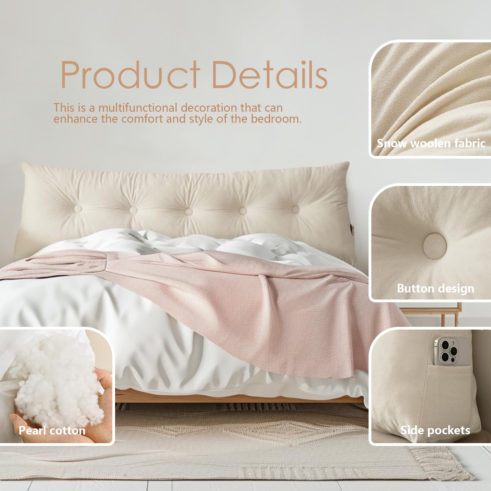 Jaysydd Headboard Pillow Head Roll Bed Wedge Backrest Pillow for Sitting in Bed with Side Pocket Twin Size