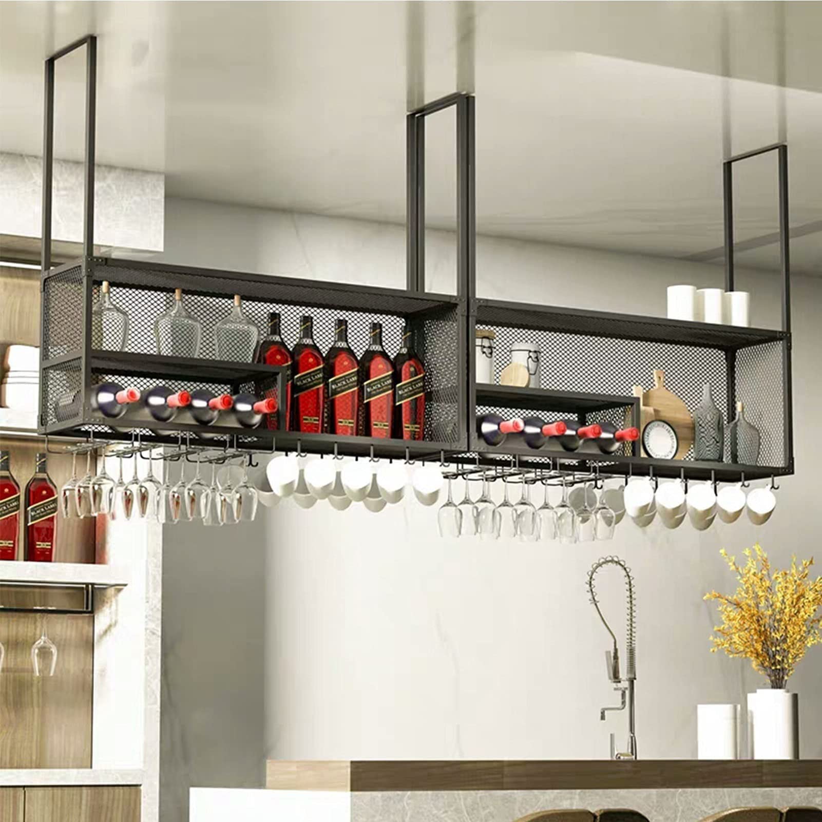 Aggancio da Bar, Portaoggetti Sospeso in Ferro Battuto, Griglia A Soffitto A Tre Livelli, Adatto A Casa, Bar, Bar (Color : Black, Size : 60X30X45CM)