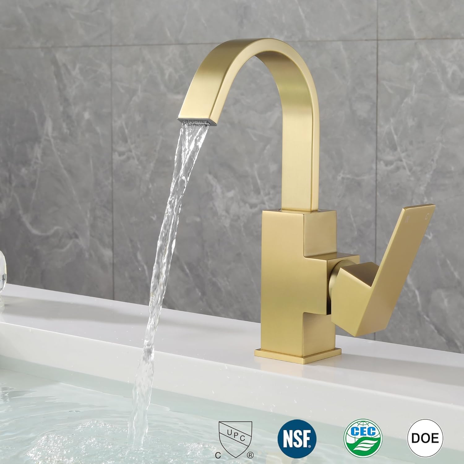 Brushed Gold Bathroom Faucet Waterfall Faucet for Bathroom Vanity with 360 Degree Swivel Spout, Single Hole Bar Sink Faucet with Hose and 6 "Deck Plate,SL5004BG