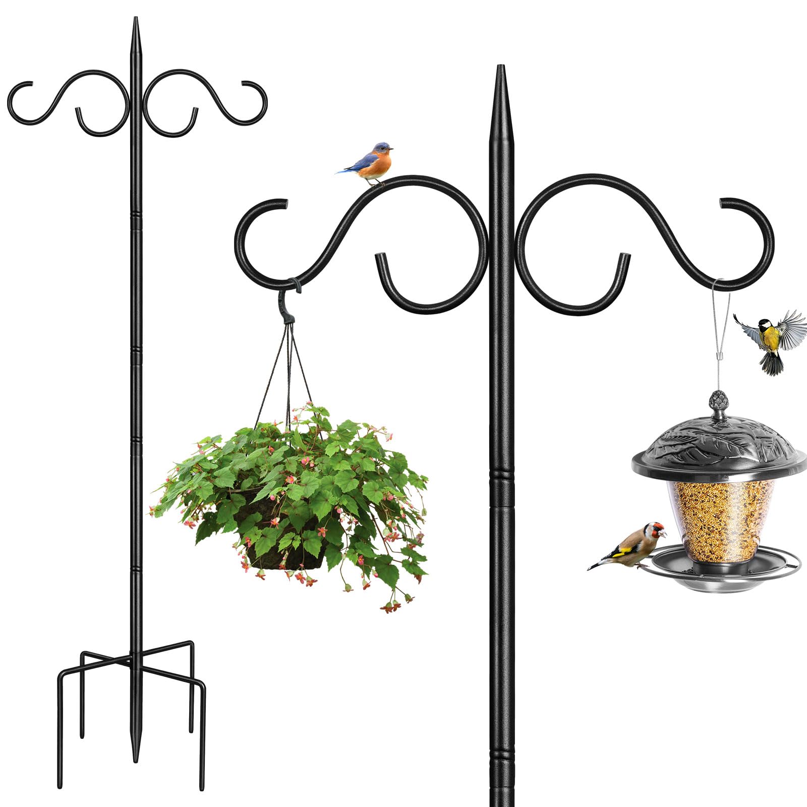 Pali e ganci per mangiatoia per uccelli, 2 m, resistente, con base, doppi ganci per pastori, autoportante, per esterni, lanterne, luci da giardino, cesto di fiori, nero, confezione da 1