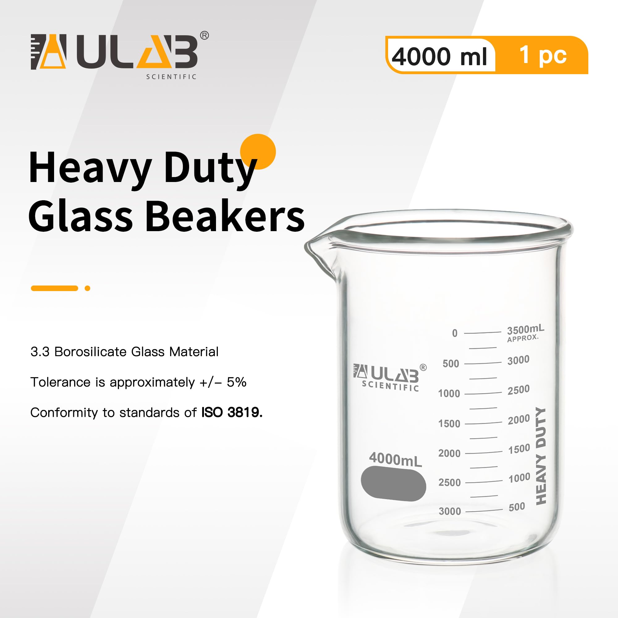 Ulab Glasbecher, strapazierfähig, mit doppelter Skala bedruckter Skala, Vol.4000 ml, UBG1067