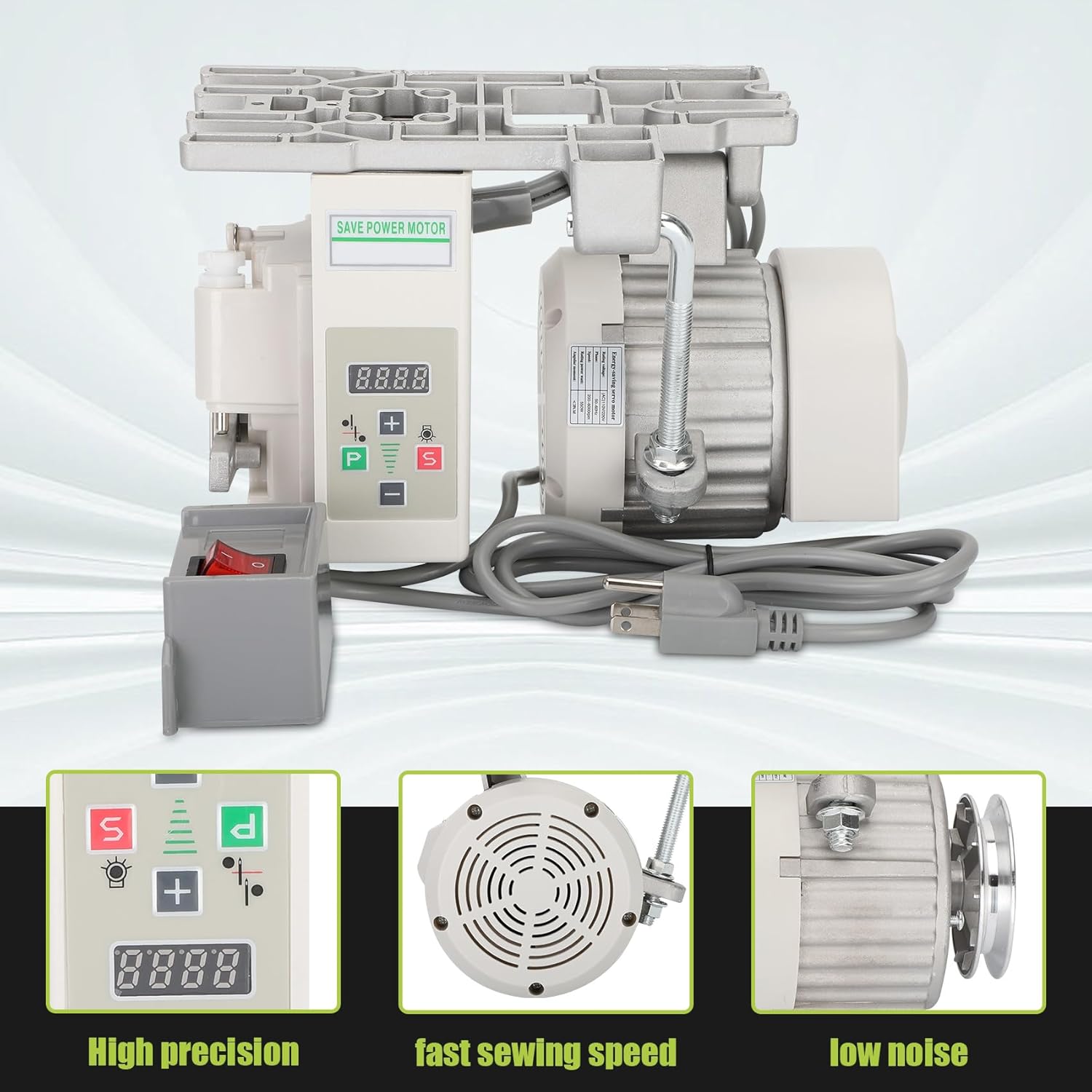 Close-up of the servo motor controller showing digital display and control buttons, highlighting high precision, fast sewing speed, and low noise.