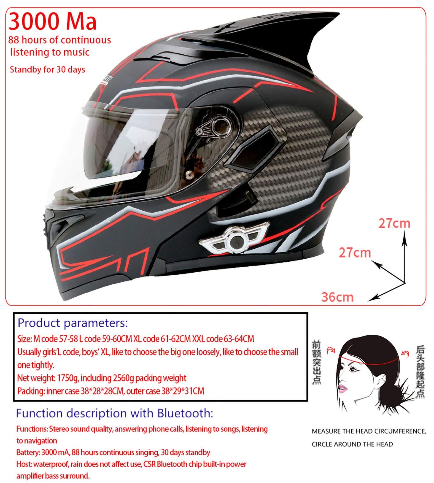 Casco Bluetooth Moto Integrato, Casco Certificato DOT Casco Modulare con Doppio Visiera Parasole Integrale Sistema di Comunicazione Interfono Integrato Radio FM Mp3 Integrato O,XL 61-62CM