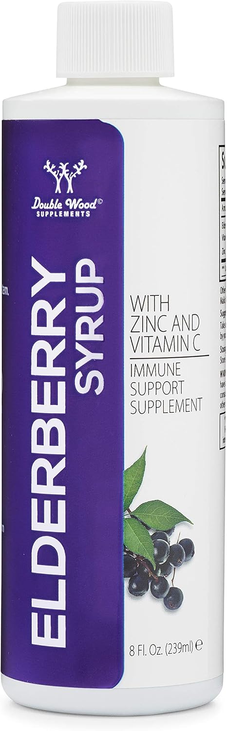 Double Wood Supplements Sambucus Black Elderberry Syrup with Zinc and Vitamin C (Immune Support for Adults and Kids) 8 Fl Oz of Liquid (100mg)