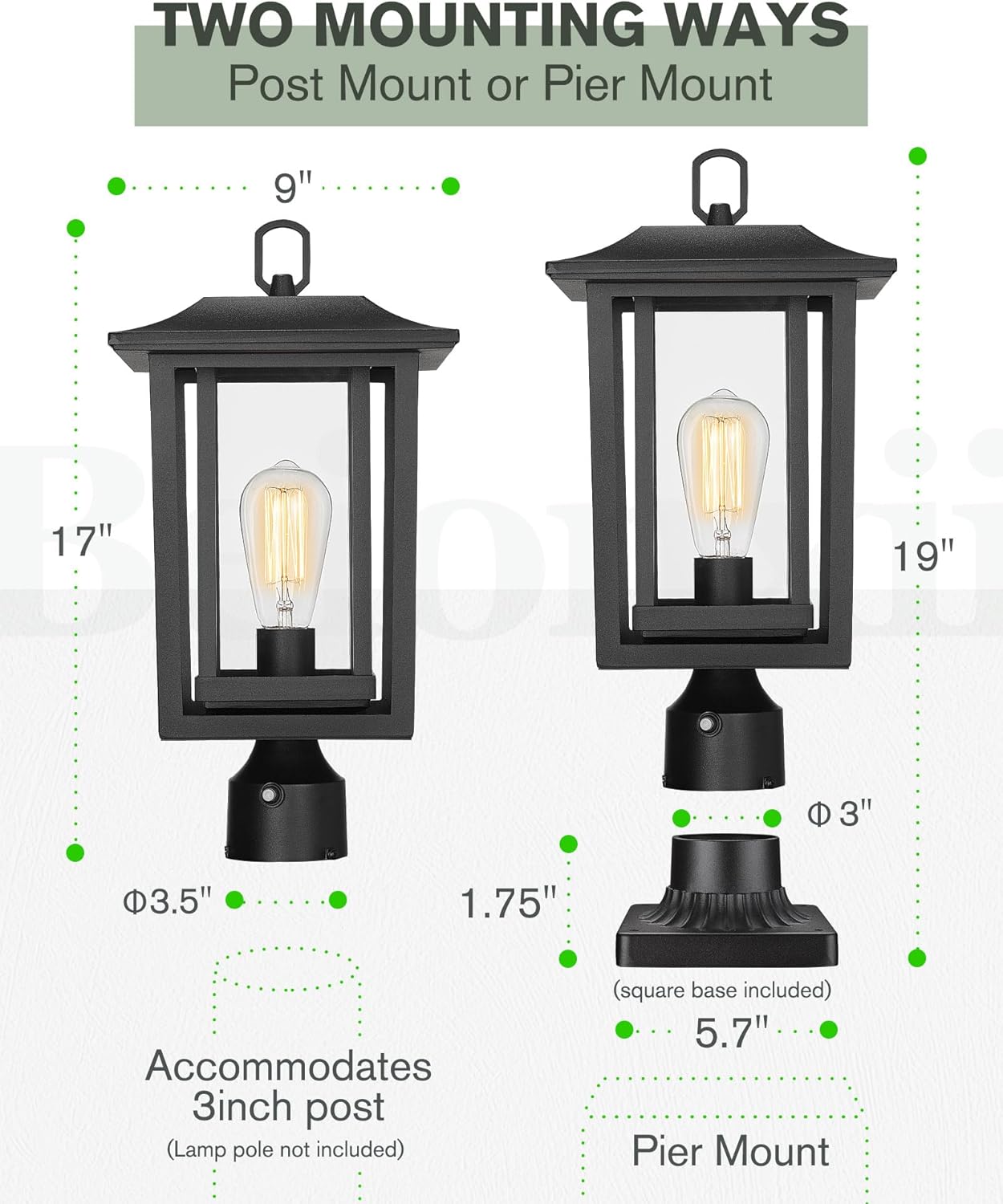 Beionxii Outdoor Post Lights, Dusk to Dawn Lamp Post Light Fixture with Pier Mount Base, Black Cast Aluminum w/Clear Glass(19" x 9") - A197P-2PK/BS