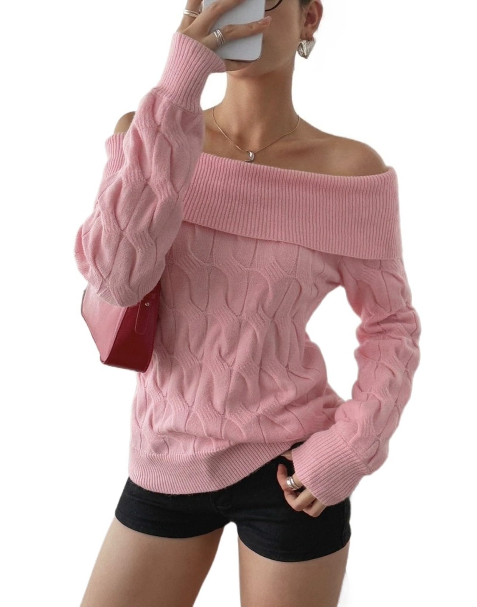 Women Off Shoulder Sweater Long Sleeve Chunky Cable Knit Pullover Tops Fall Winter Fashion Y2k Grunge Preppy Clothes