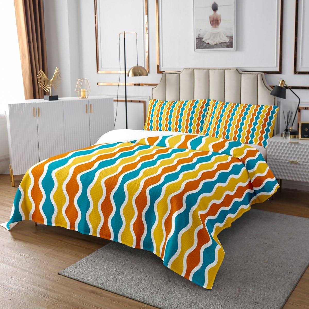 Feelyou Colorful Striped Coverlet Geometric Quilt Set Turquoise Orange Yellow White Bedspread for Kids Adults Modern Geometrical Quilted Ultra Soft Room Decor Twin Size Bedroom Collection