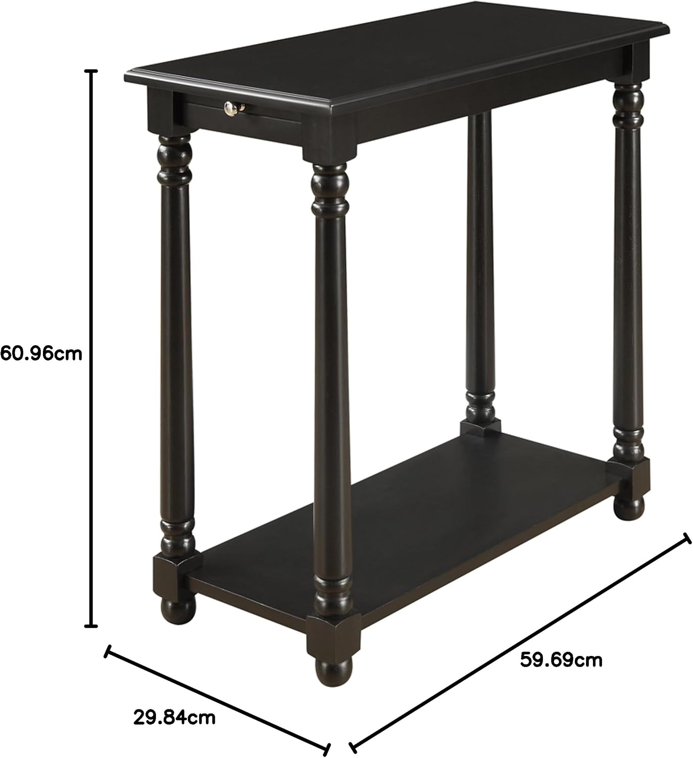 Convenience Concepts French Country Regent Chairside End Table 23.75" - Traditional Farmhouse Side Table with Pull-Out Table Shelf, End Table with Storage Shelf for Living Room, Black