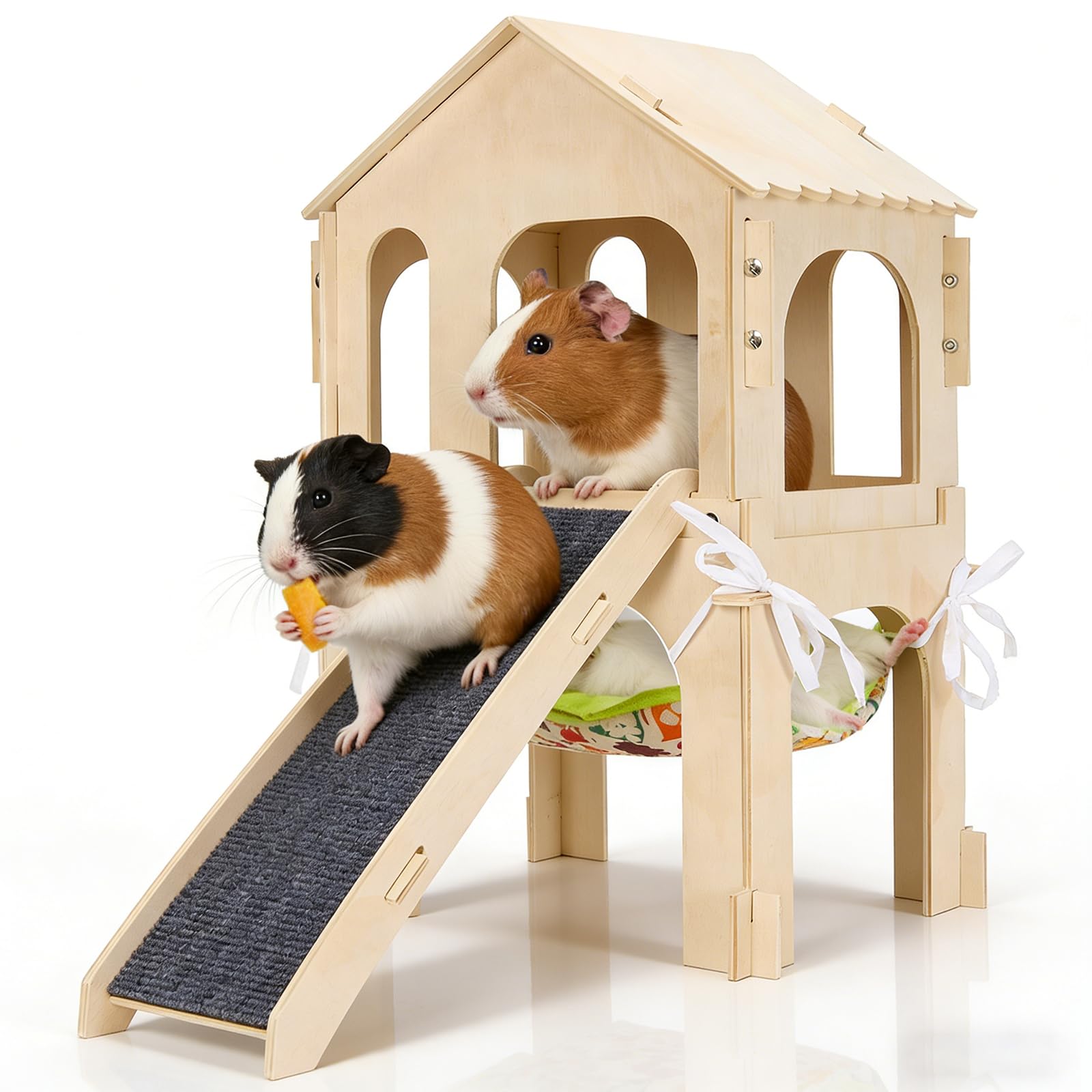 Casa per porcellino d'india in legno 3 in 1 con rampa, amaca e piattaforma | Accessori per porcellini d'india su 2 livelli per gabbie, meerschweinchen zubehoer con tessili lavabili