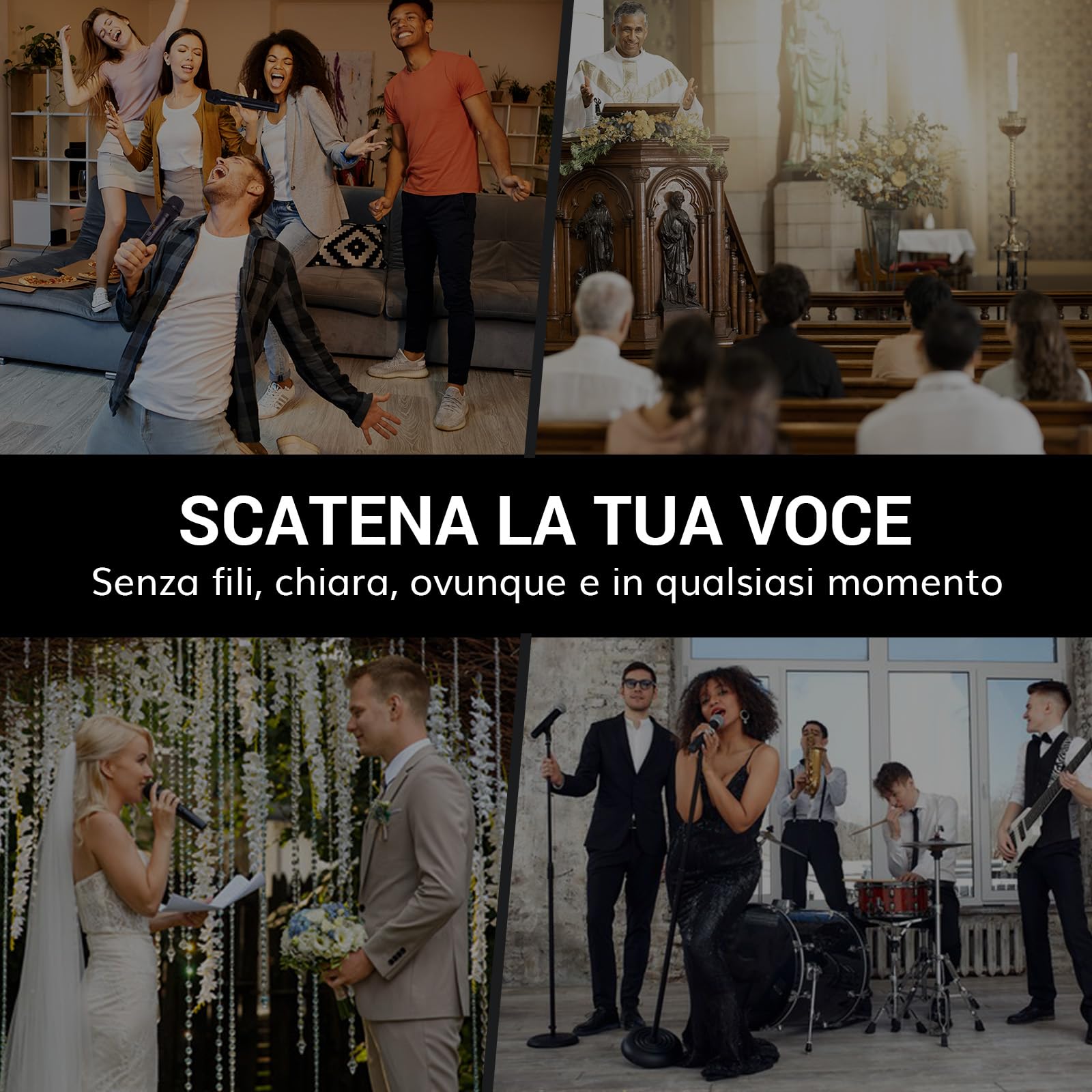 TONOR sistema microfono wireless, microfono ricaricabile professionale, microfono dinamico cordless in metallo 2x100 UHF per karaoke, chiesa, canto, matrimonio, riunione, DJ, Auto Scan, 100M, TW750