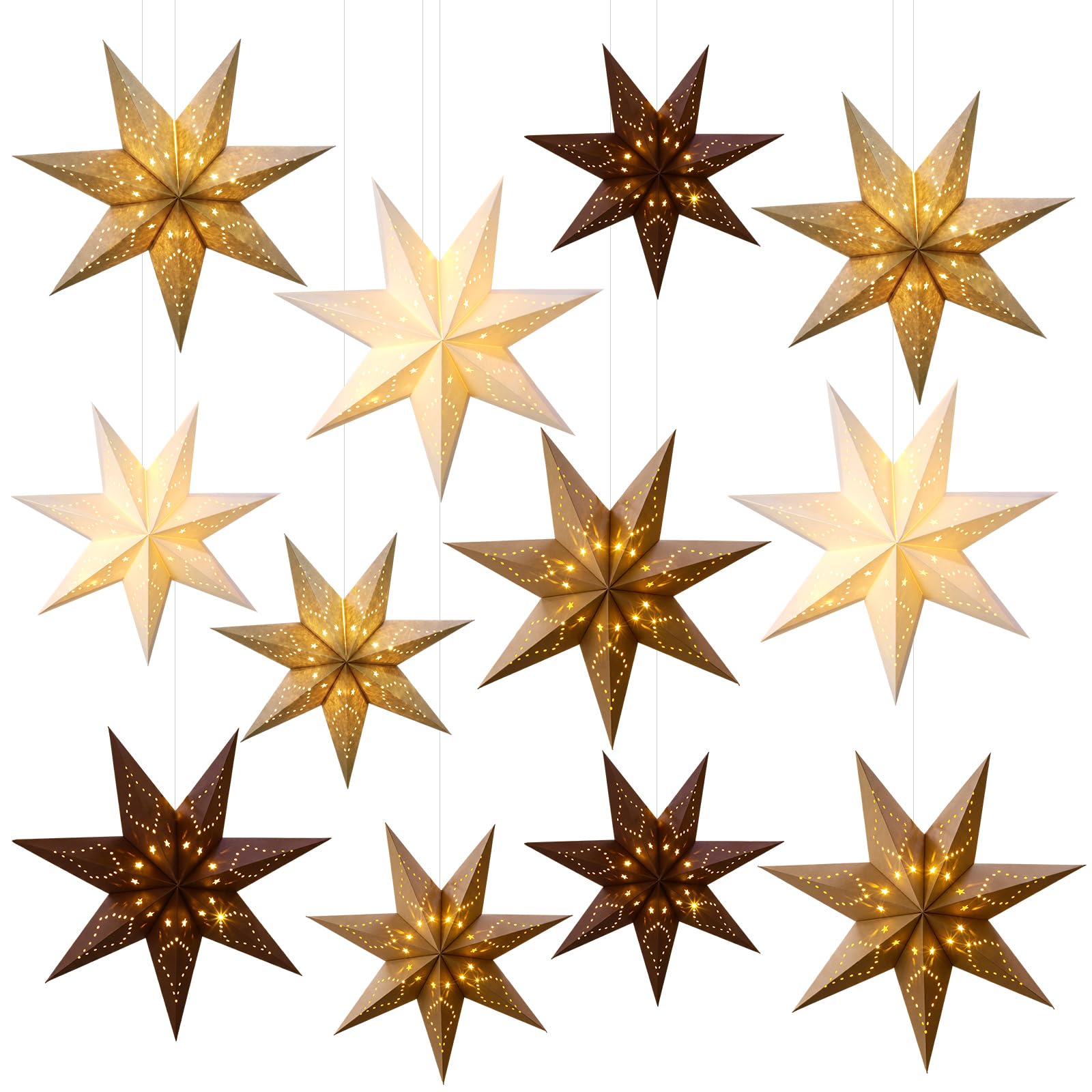 Youyole Juego de 12 faroles de papel de Navidad con luces, 7 puntiagudos