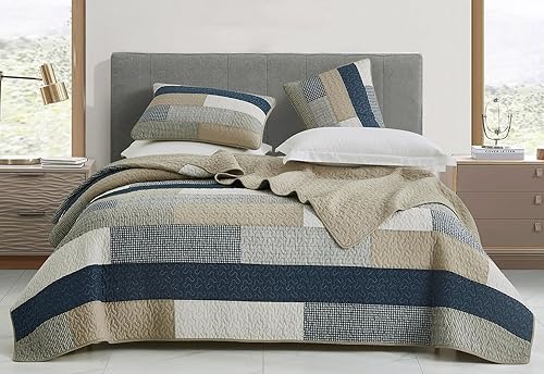 Miniatura 3 de Chezmoi Collection Dylan - Juego de edredón rectangular de 3 piezas, color azul marino, blanco, gris, gris topo, colcha acolchada de algodón