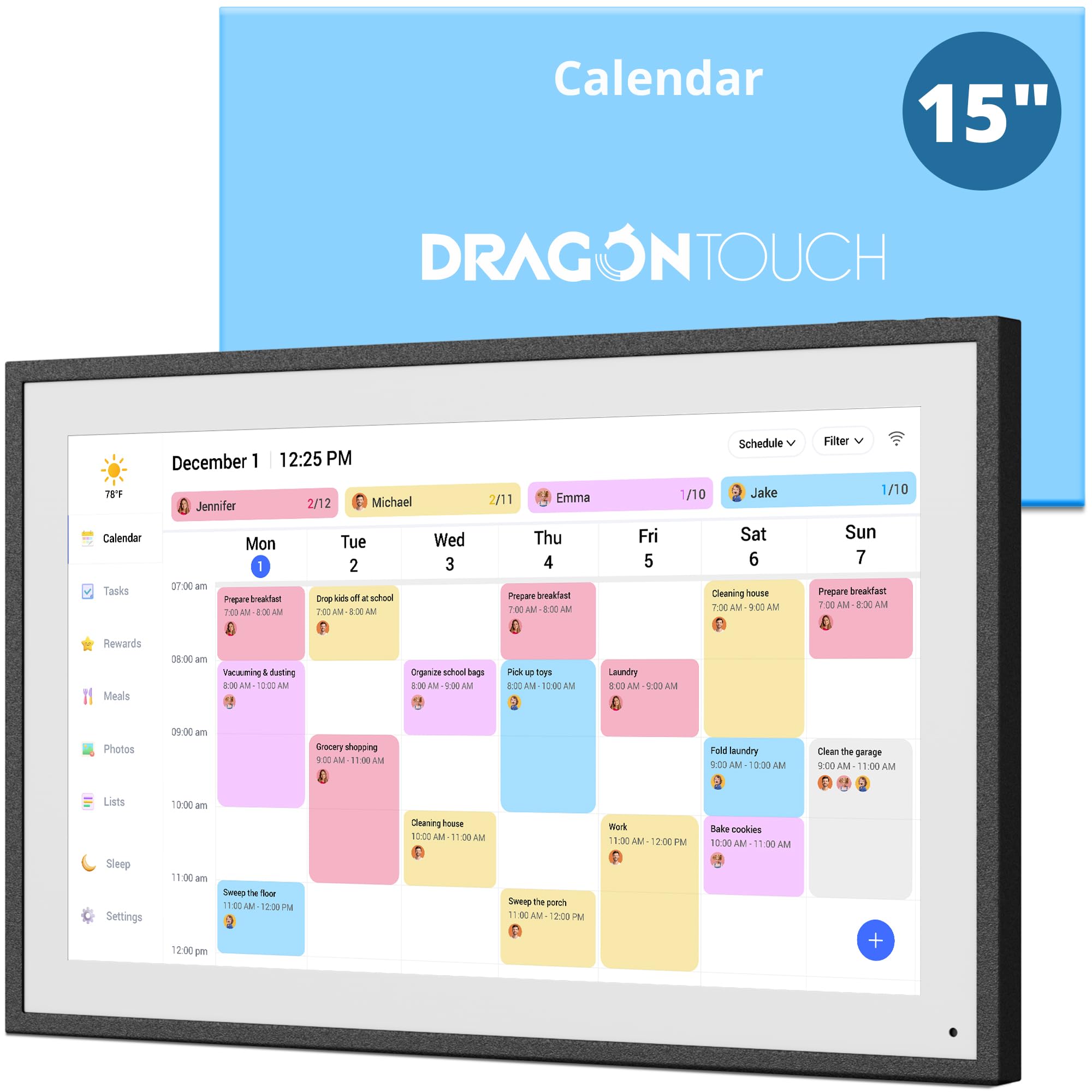 Dragon Touch 15.6 Zoll Digitaler Kalender Wand - 1920 * 1080 FHD Elektronischer Wandkalender Familienplaner mit 32GB Speicher und Wandhalterung, Touchscreen Intelligenter Tischkalender-Schwarz