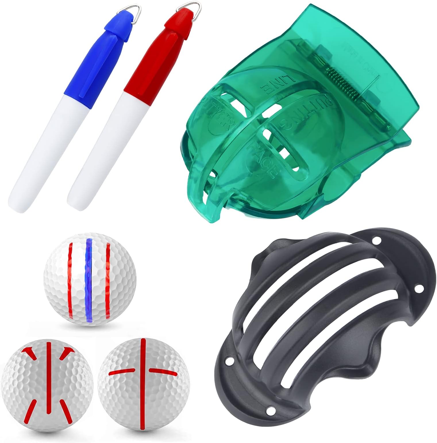 Uniclife Golf Ball Liner Tri-Line Golf Alignment Kit with Marker Pen, Triple Track Putter Stencil Accessories Spring Clamp Ball Marking Tools
