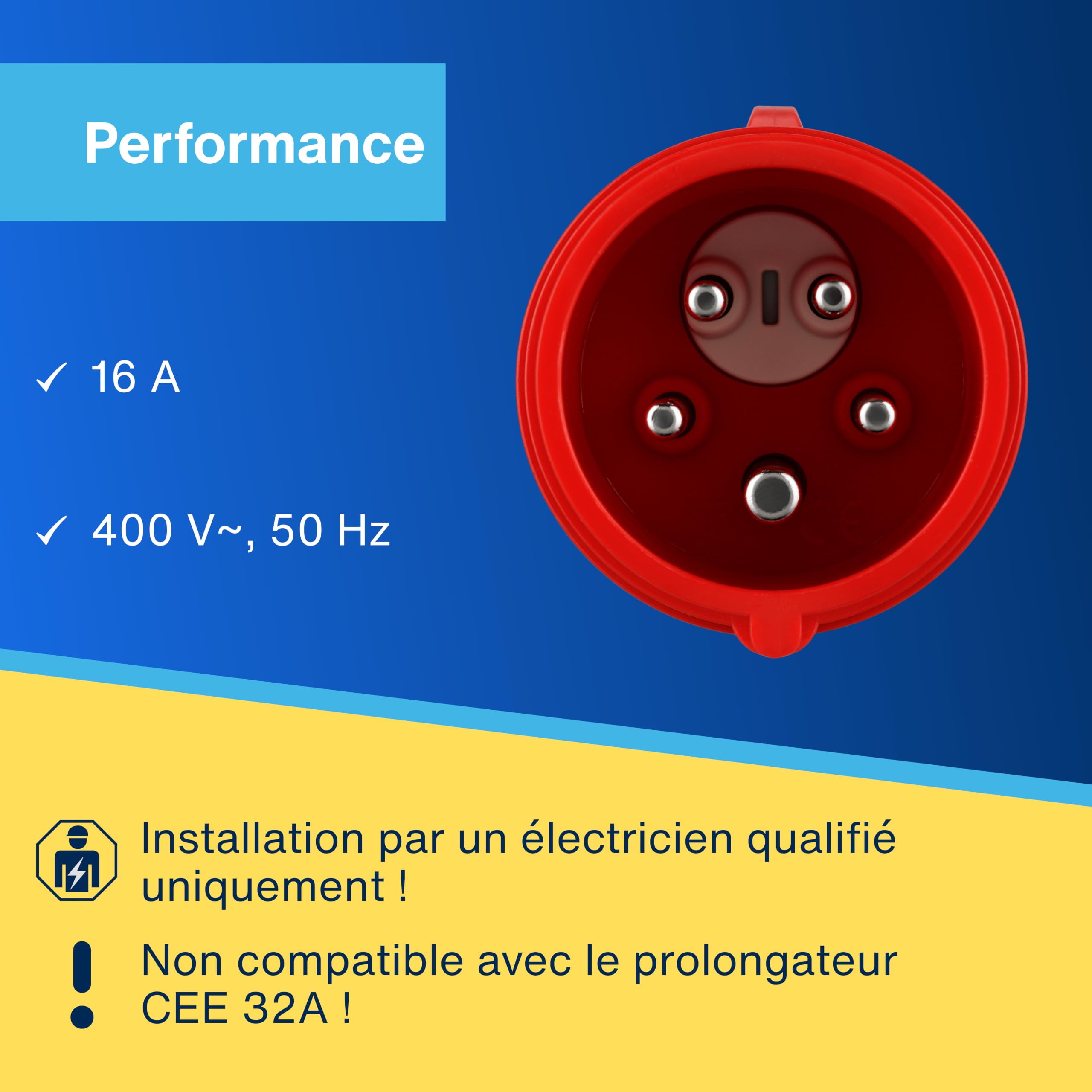 REV Inverseur de Phase CEE 16A, 400V, 5 pôles (3P+N+T), Prise triphasée IP44 étanche, Rouge