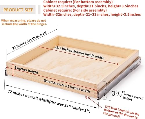 Miniatura 3 de Mulush Cajón extraíble para gabinete, 11 pulgadas de ancho x 21 pulgadas de profundidad, organizador de almacenamiento de cajones de madera
