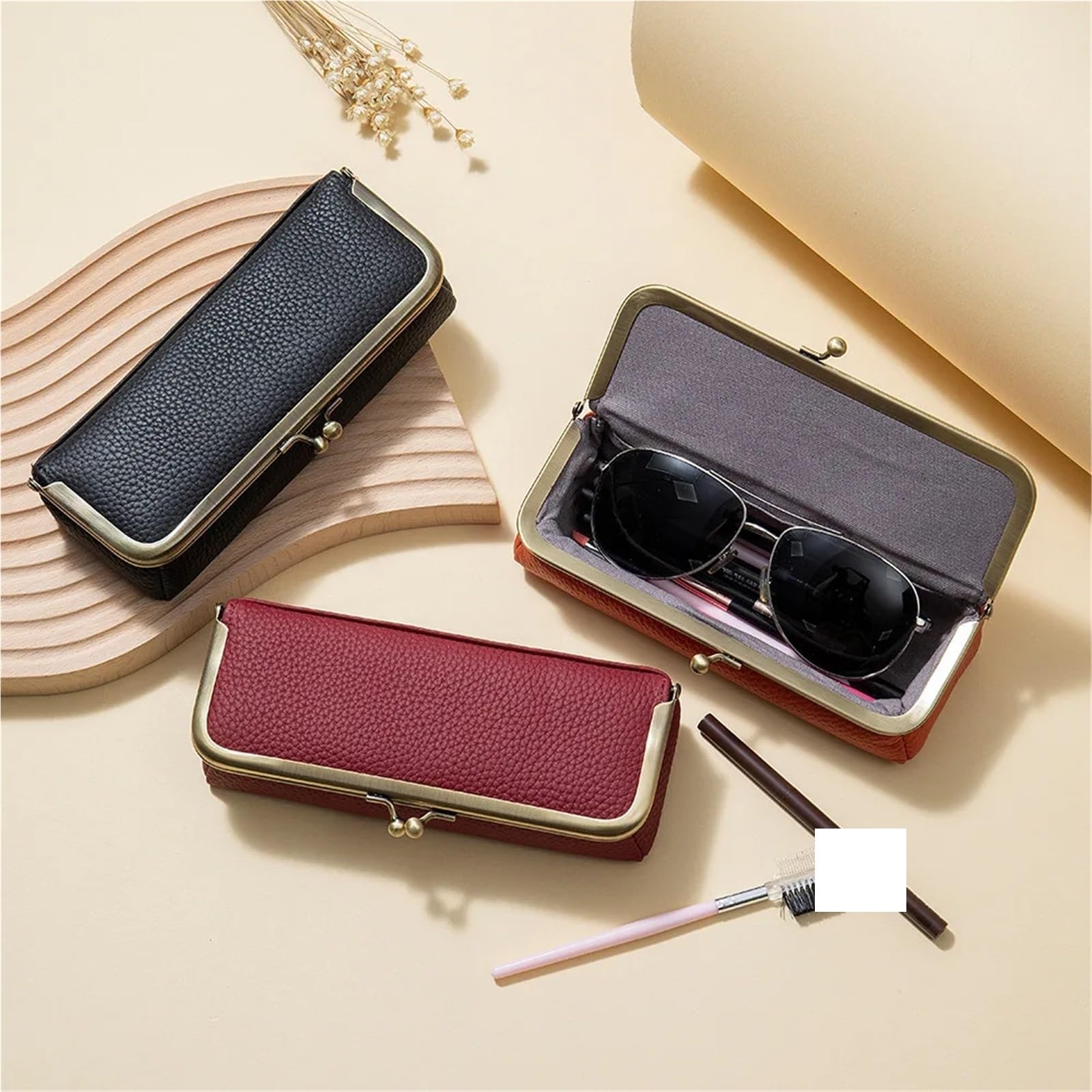 Estuche De Gafas 2 uds Bolsa de Gafas de Cuero Hombre Mujer Gafas de Sol Almacenamiento Soporte Clip Bolsa Estuche Gafas(Black)
