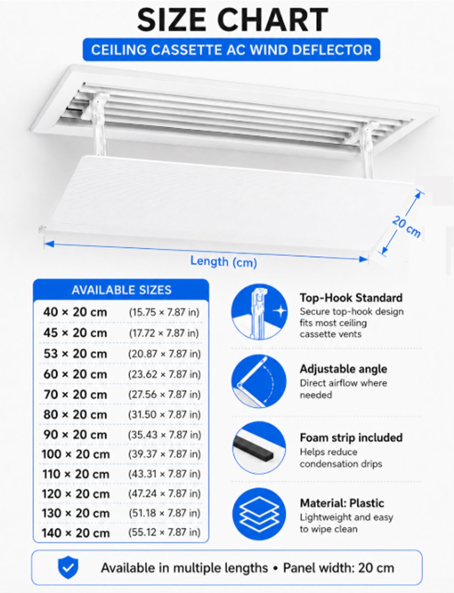 Deflettore per climatizzatore, Gancio for deflettore AC for cassetta da soffitto 40-150x20 cm | 140X20cm