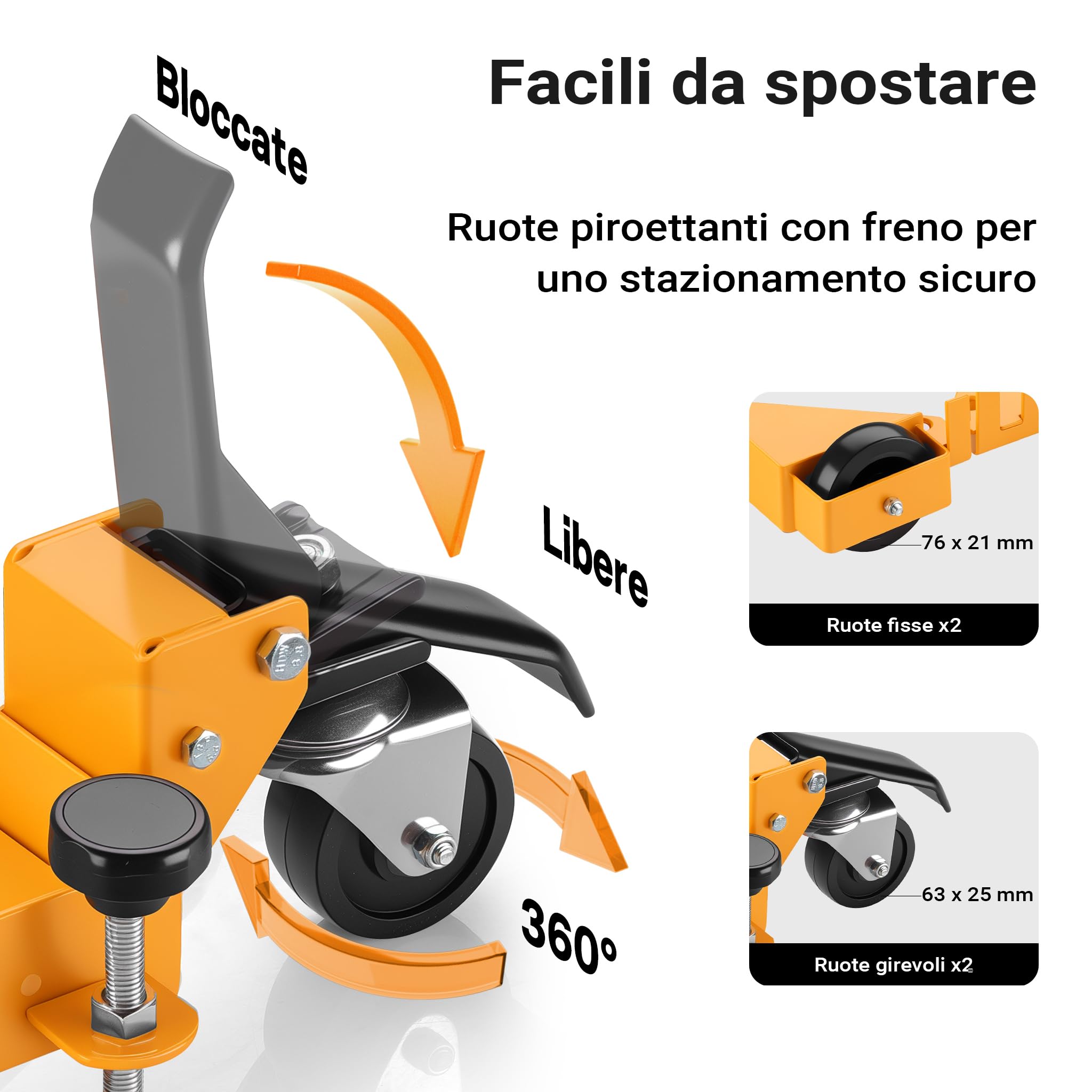 Wiltec Set di 4x ruote per carrelli, ruote per mobili pesanti, rotelle con portata fino a 180 kg, ruote pivottanti con freno, per carichi pesanti