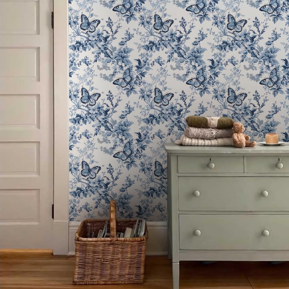 18"x236" Blue White Butterfly Flower Peel and Stick Self Adhesive Wallpaper Removable Contact Paper Stick on Easy Peel Off Wall Paper for Kitchen Bedroom Bathroom Renter