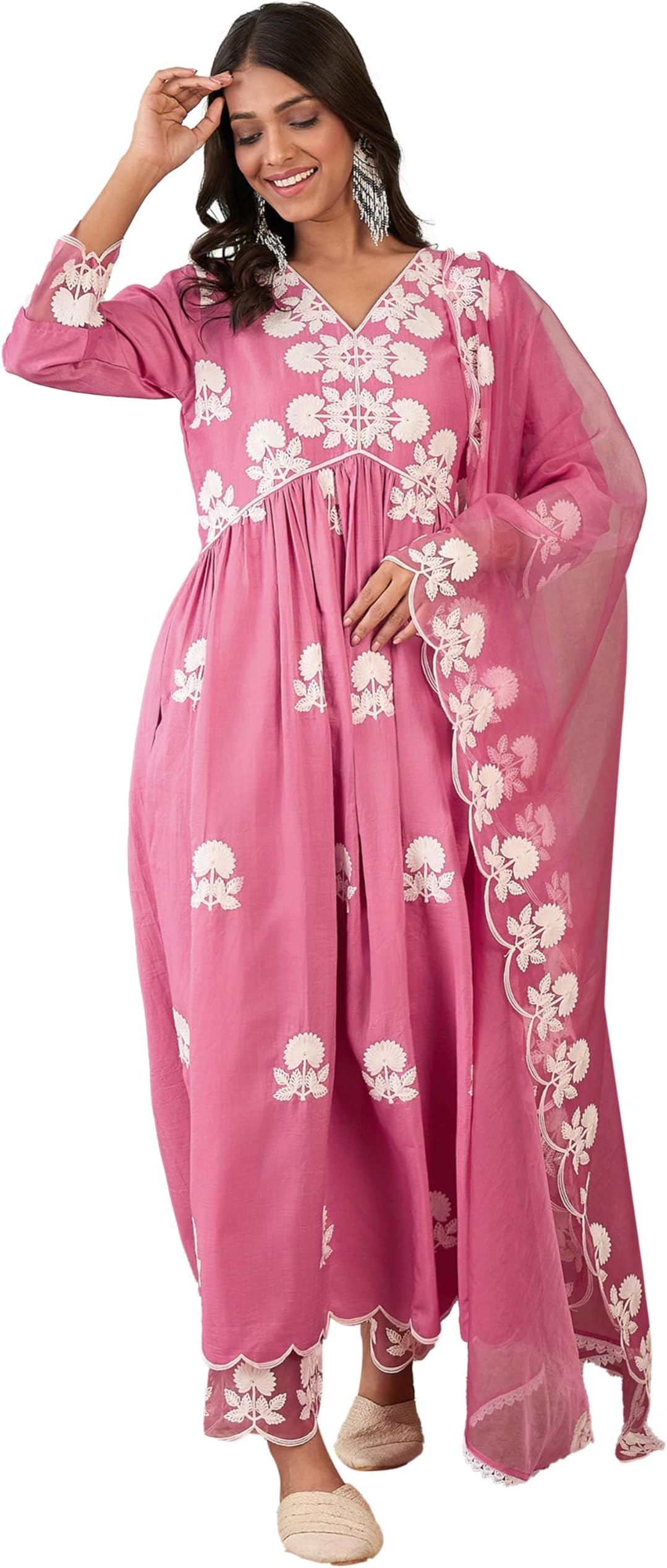 SheWill Women's Silk Blend Chain Work Embroidered A Line Kurta with Pant Set For Wedding, Ethnic Wear