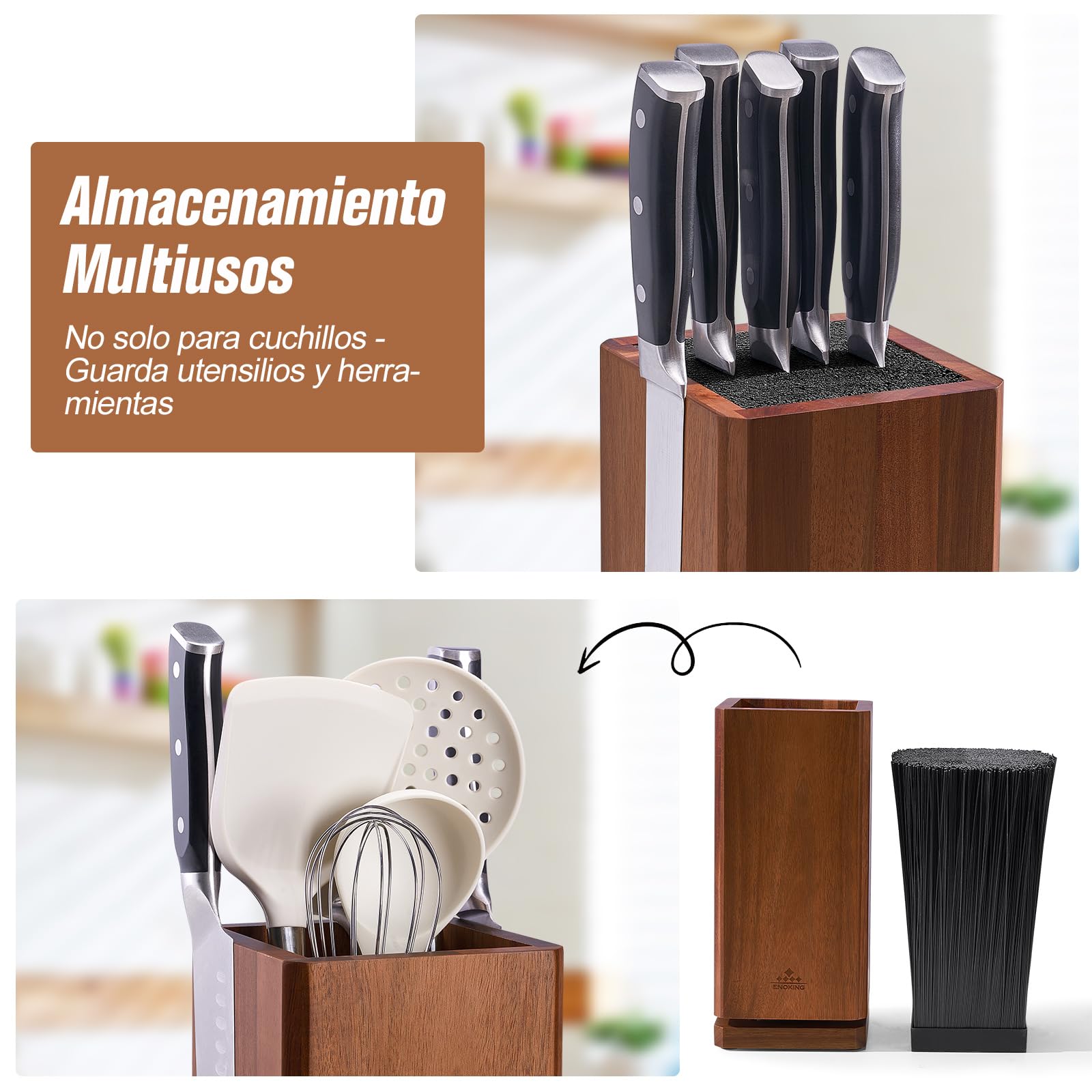 ENOKING Soporte Cuchillos Cocina Giratorio 360°, Porta Cuchillos Cocina con Cerdas, Soporte Cuchillos de Madera de Acacia, Organizador Cuchillos Magnético para Cuchillos y Utensilios