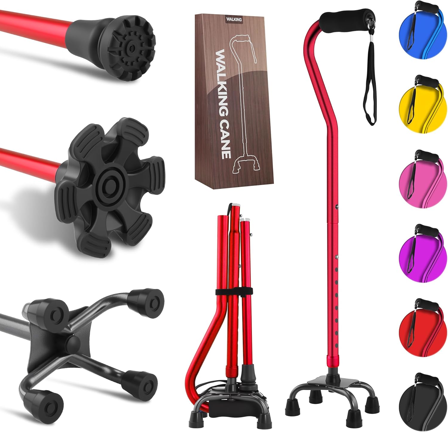 LIXIANG Walking Canes Stablize Women Quad Canes for Seniors & Adults Foldable Adjustable for Men & Women Heavy Duty Freestanding Cane for People with Leg Injuries 3 footings red1