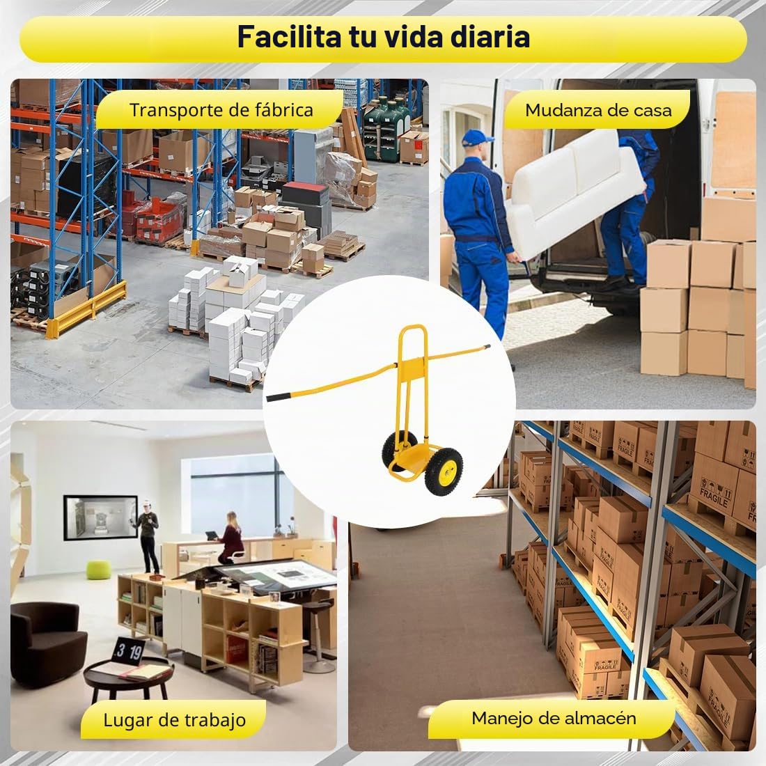 Carro de Transporte de Paneles 500 KG 4 Ruedas de Goma Maciza Carretilla Extraíble Amarillo