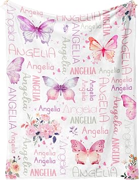 Personalized Baby Blankets for Girls, Customized Floral Baby Blanket with Name for Girls, Baby 1st Birthday Gifts for Girl and Boy, Personalized Baby Gifts for Kids, Newborn, New Mom Pink Butterfly