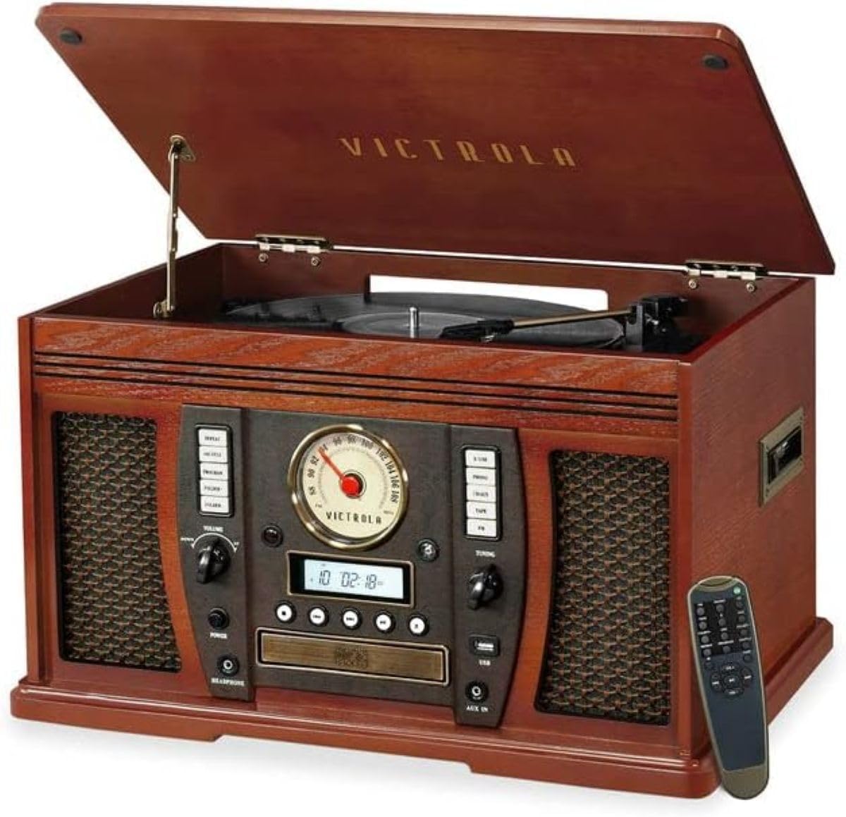 Aviator 8-in-1 Bluetooth Record Player & Multimedia Center with Built-in Stereo Speakers - 3-Speed Turntable, Vinyl to MP3 Recording, Wireless Music Streaming, Mahogany
