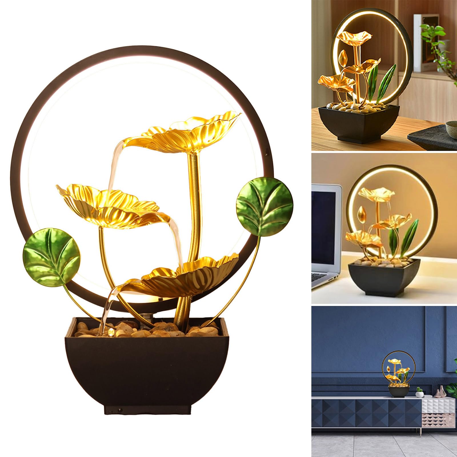 Fuente de cascada para interiores de 3 niveles con luz LED y piedras para calmar la decoración del hogar y la oficina, regalo de Año Nuevo, fuente pequeña para interiores