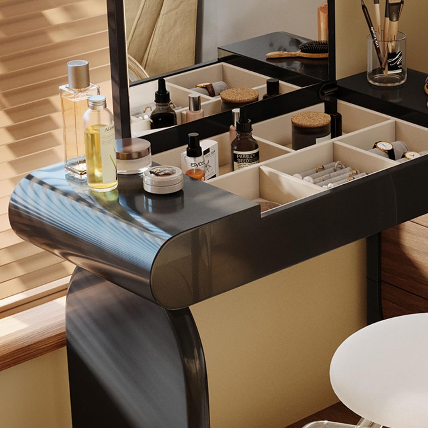 YZABEL Black Vanity Desk with Flip Top Mirror and Cushioned Chair, 47" Solid Wood Dressing Table with Storage Cabinets for Bedroom, Makeup Studio, Dormitory