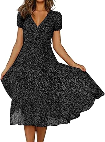Dresses for Women Summer Short Sleeve V Neck Midi Dress High Waist Flowy Maxi Dress Casual A-Line Midi Sundress