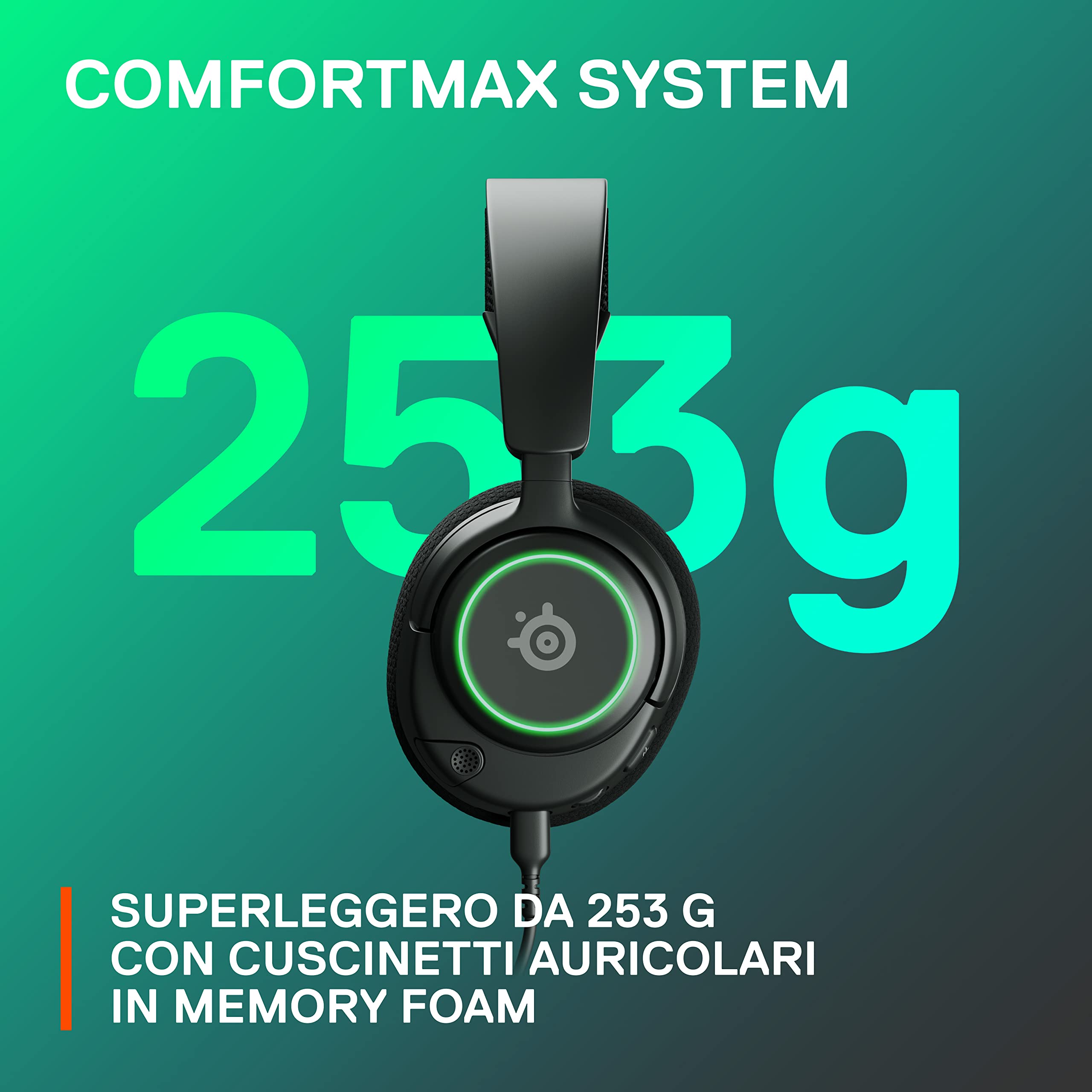 SteelSeries Arctis Nova 3 - Cuffie da gioco multisistema - Driver Hi-Fi - Audio spaziale a 360° - Luci RGB - Padiglioni AirWeave in memory foam - Super leggere - PC, PS5, PS4, Switch