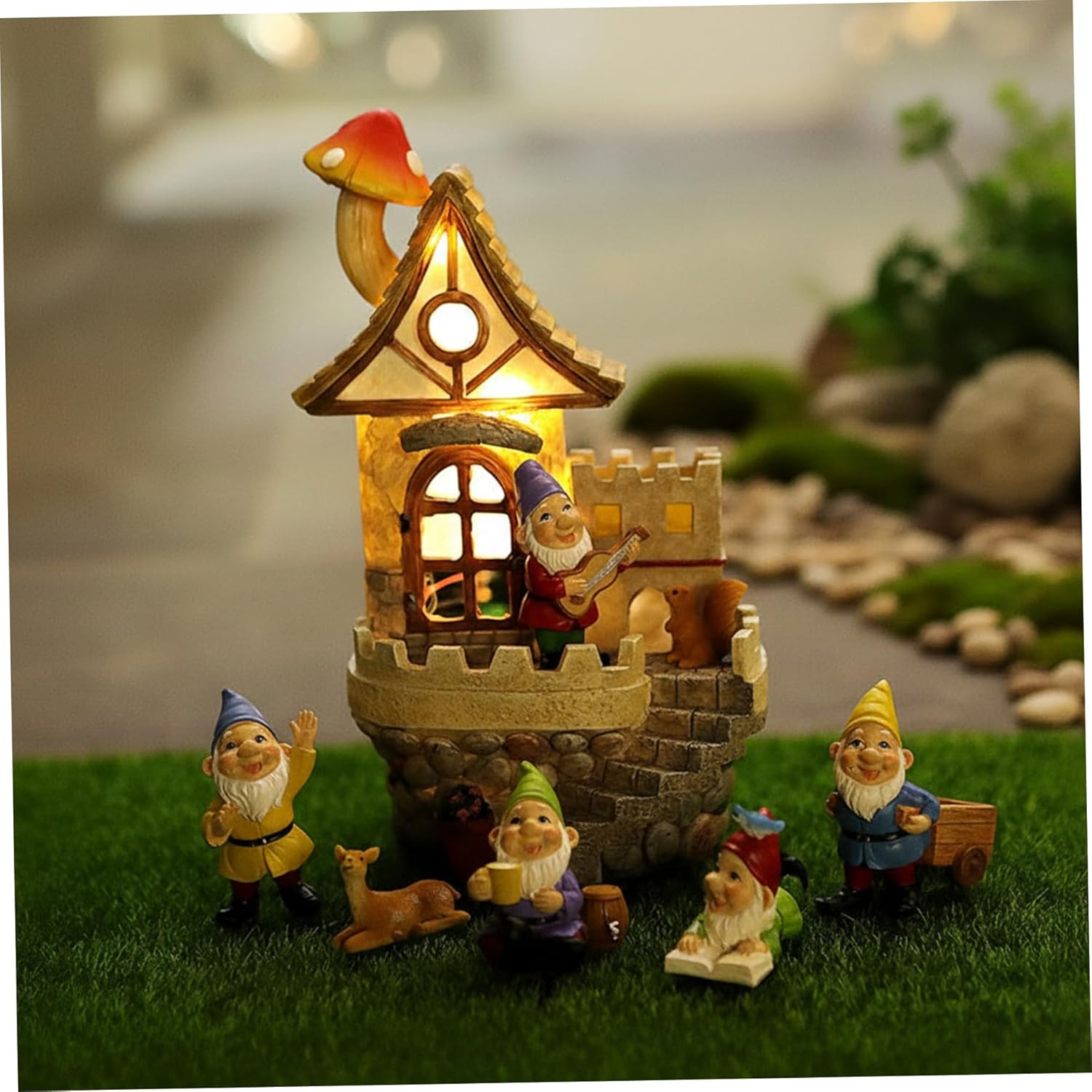 Fairy Garden Kit Solar Fairy Garden House with Gnomes - Enchanted Castle Kit, Waterproof Resin Mushroom Cottage & Small Gnomes Figurines Set